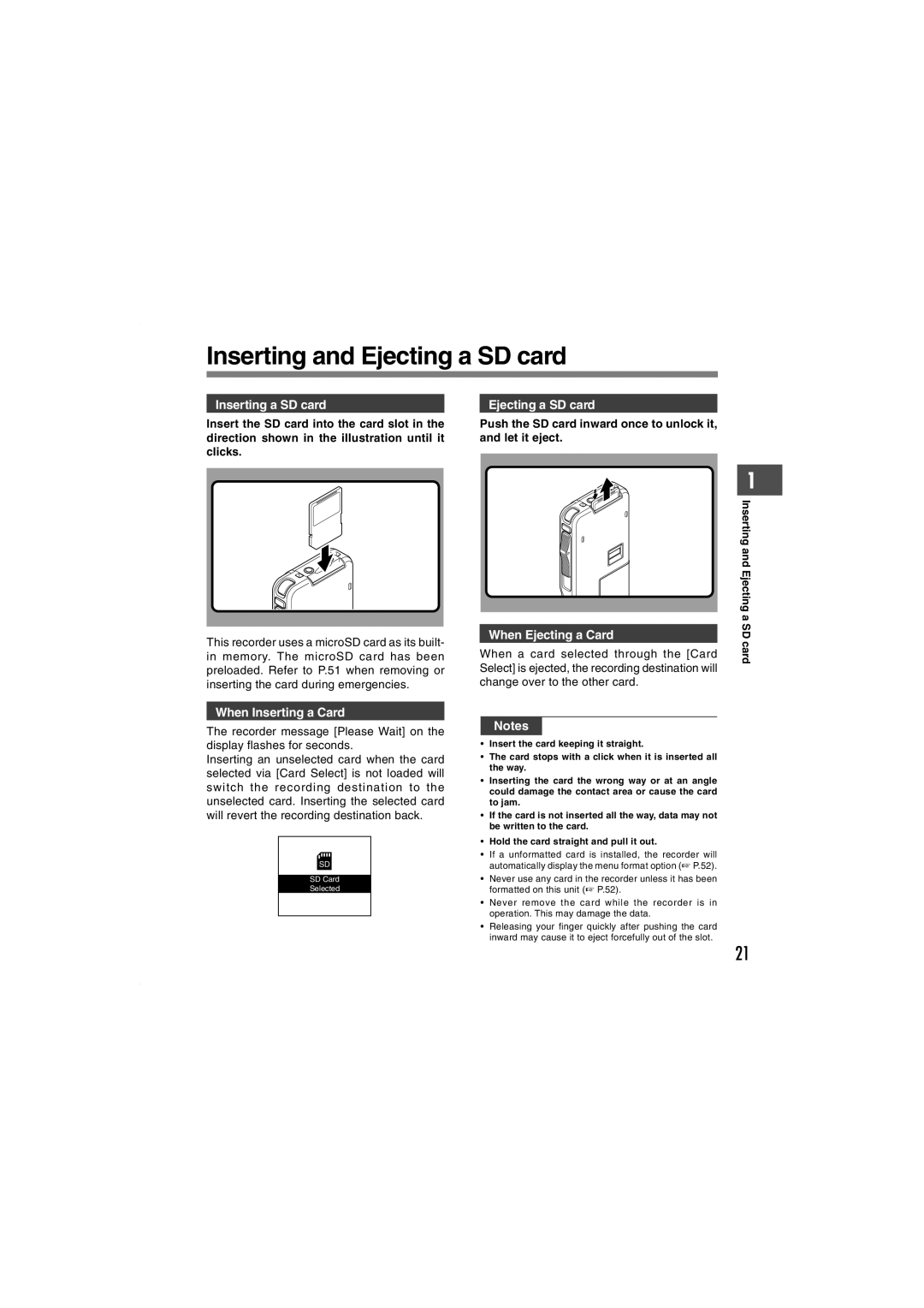 Olympus DS-5000iD manual Inserting and Ejecting a SD card, Inserting a SD card Ejecting a SD card, When Ejecting a Card 