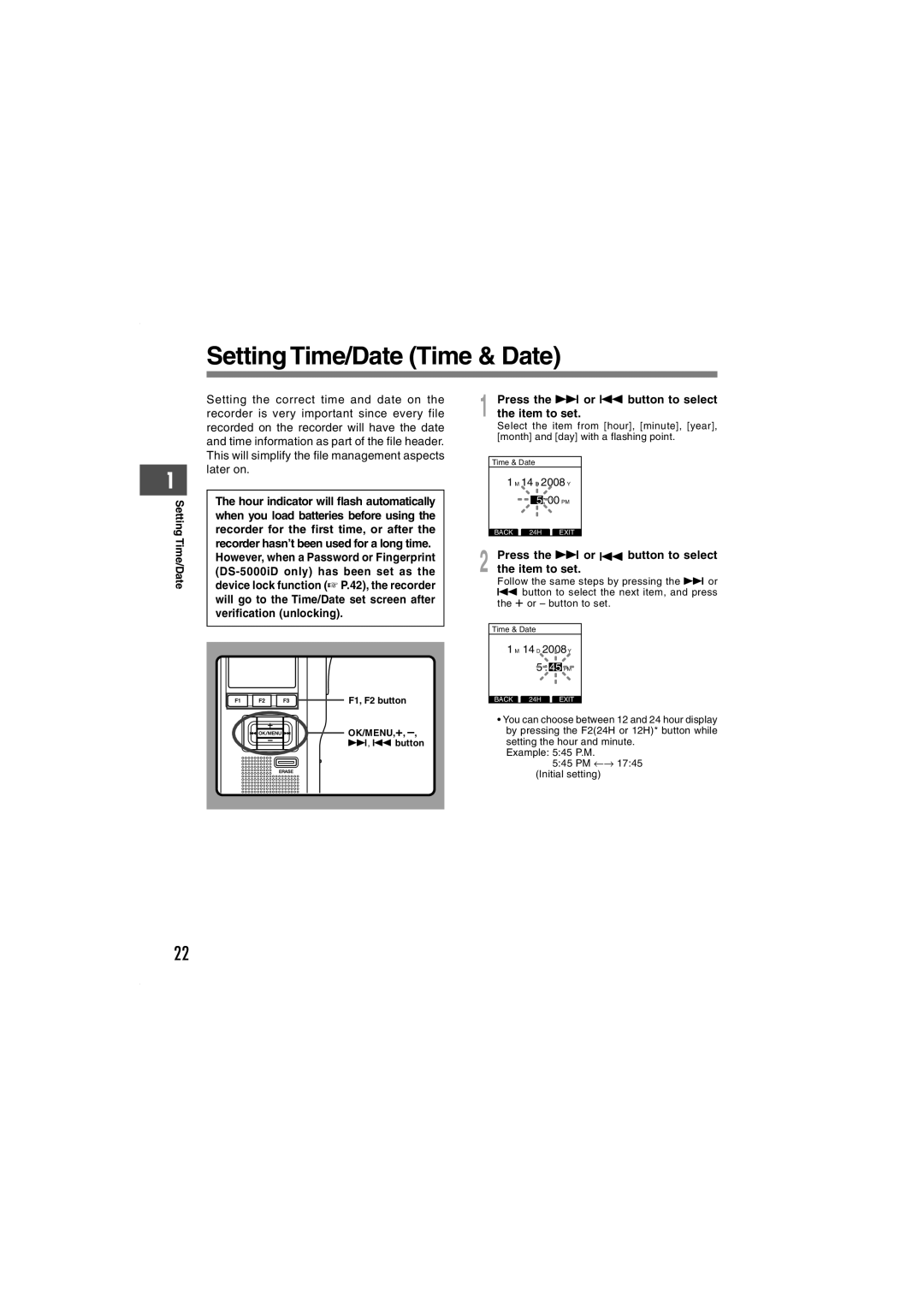 Olympus DS-5000iD manual Setting Time/Date Time & Date, Press the 9 or 0 button to select the item to set 