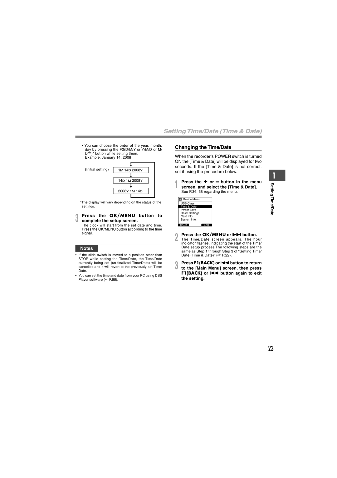 Olympus DS-5000iD manual Setting Time/Date Time & Date, Changing the Time/Date 