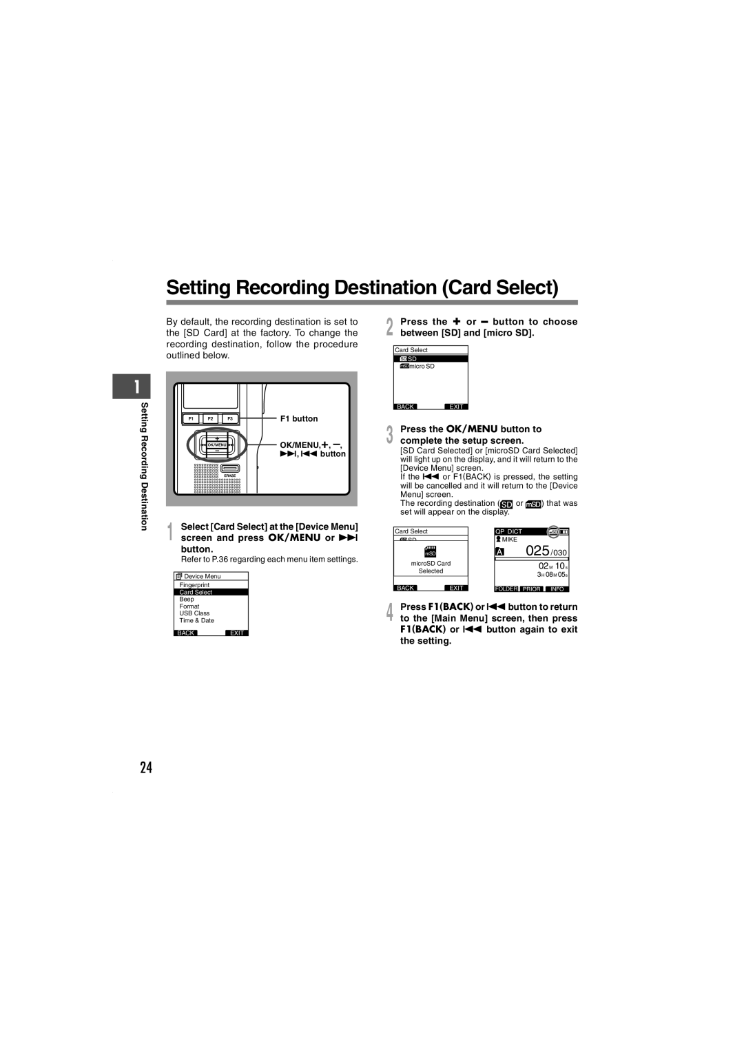 Olympus DS-5000iD manual Setting Recording Destination Card Select, Press the + or button to choose between SD and micro SD 