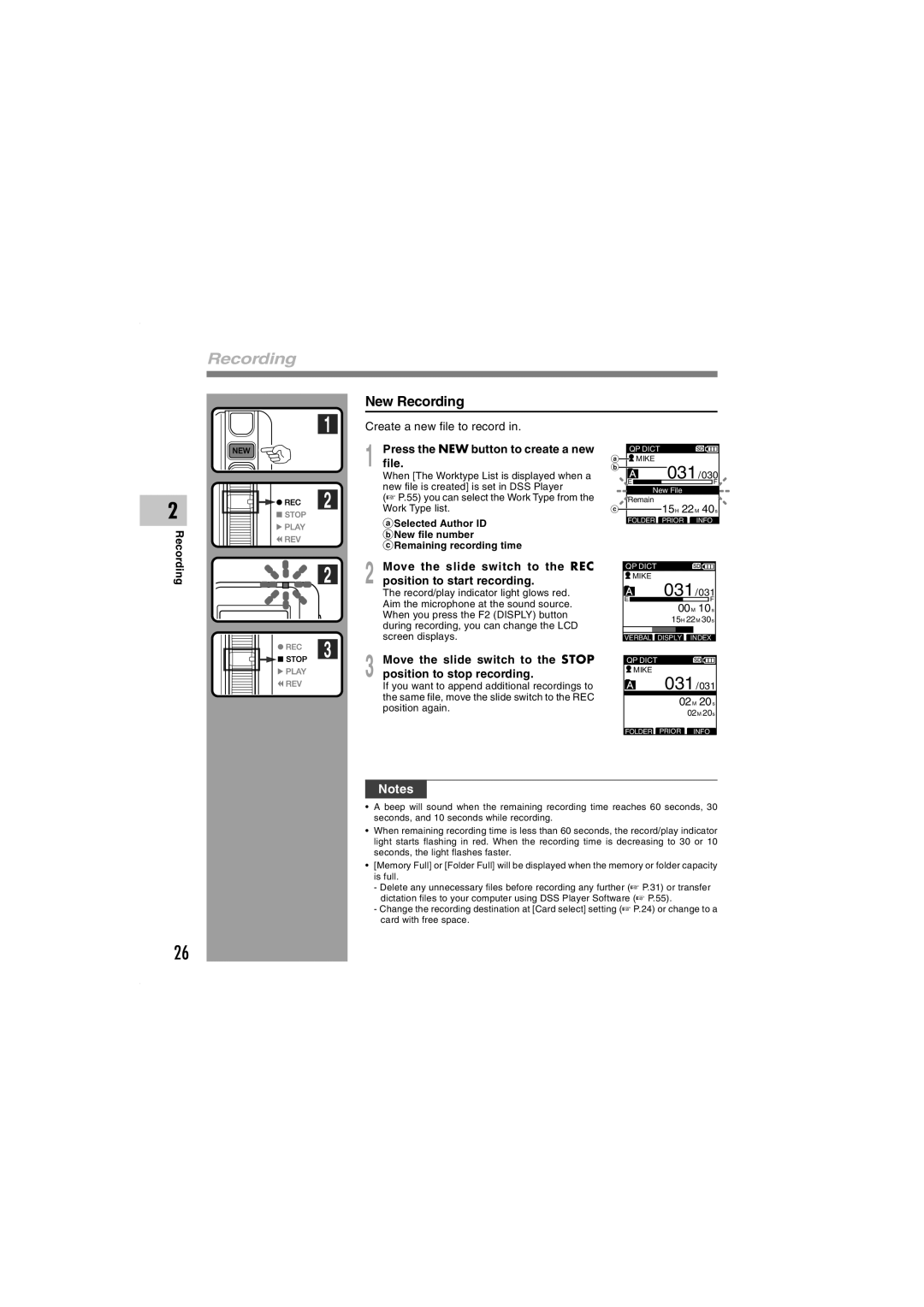 Olympus DS-5000iD manual New Recording, Press the NEW button to create a new, File 