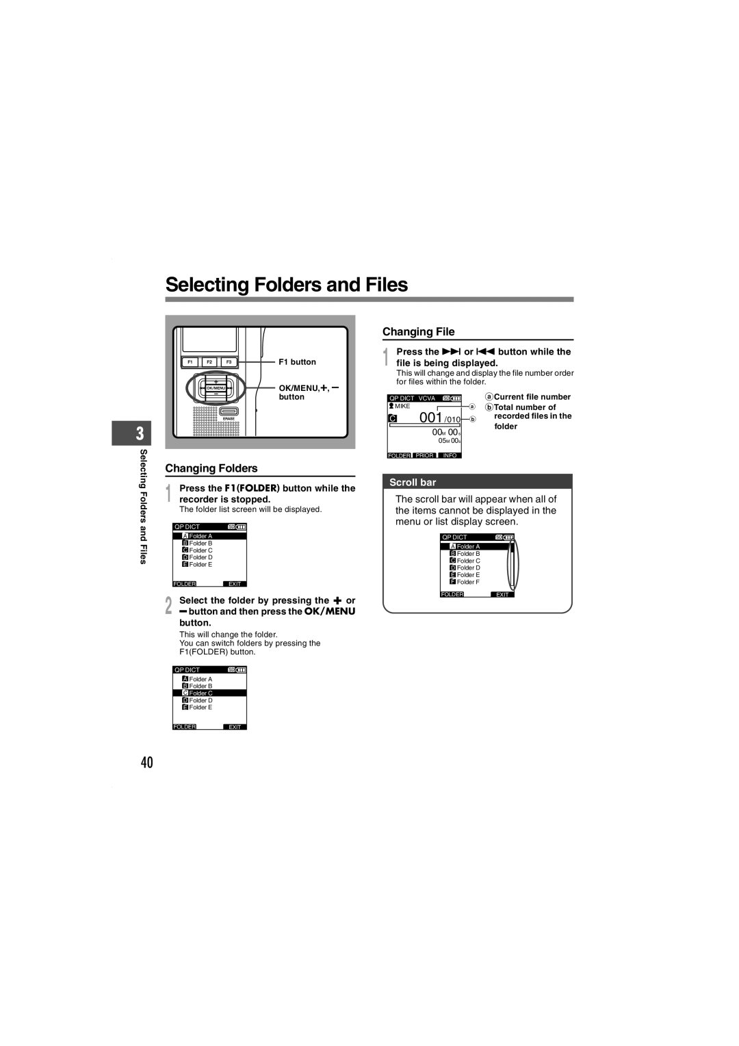 Olympus DS-5000iD manual Selecting Folders and Files, Changing File, Changing Folders, Scroll bar 