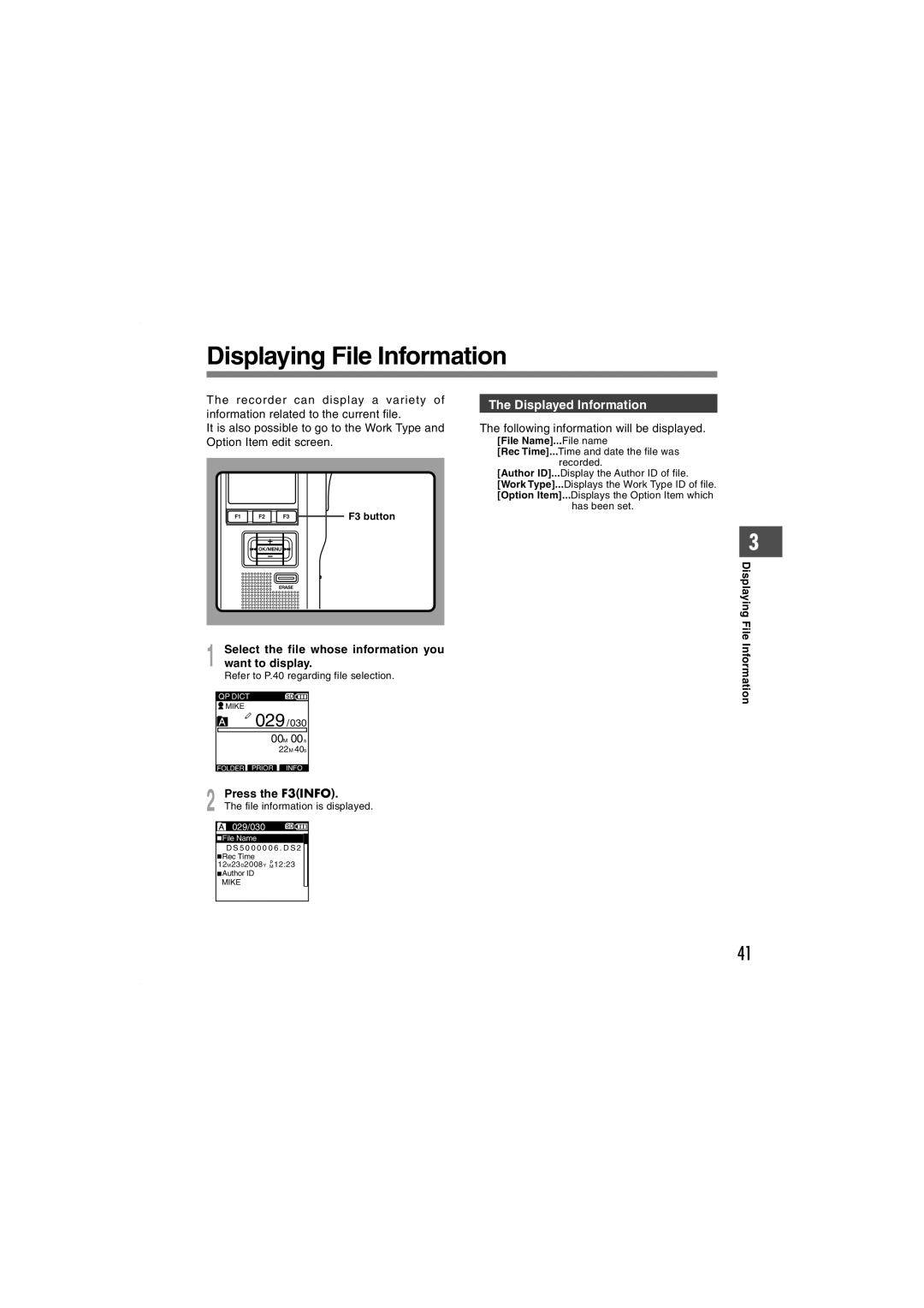 Olympus DS-5000 Displaying File Information, Displayed Information, Select the file whose information you want to display 