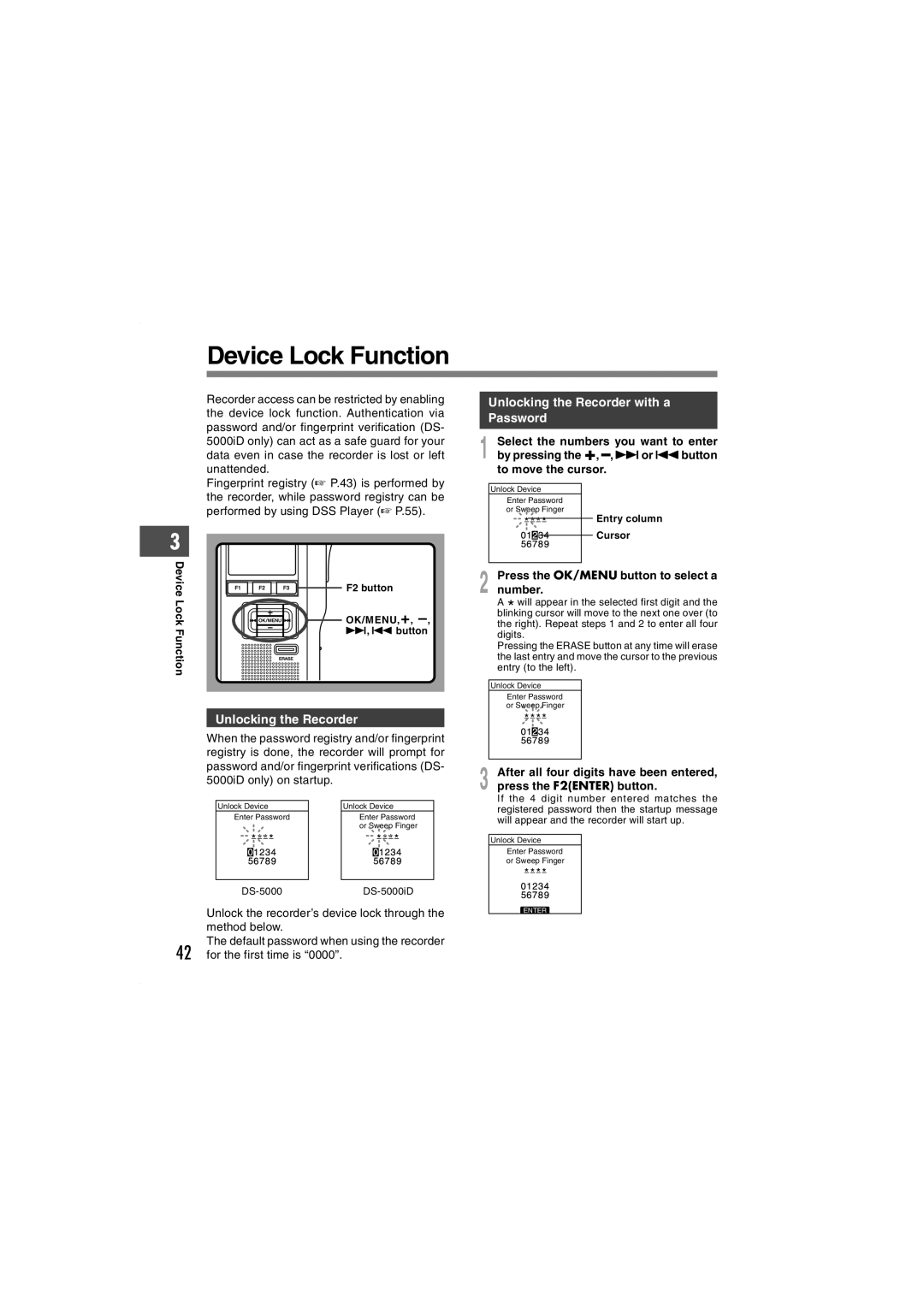 Olympus DS-5000iD manual Device Lock Function, Unlocking the Recorder with a Password 