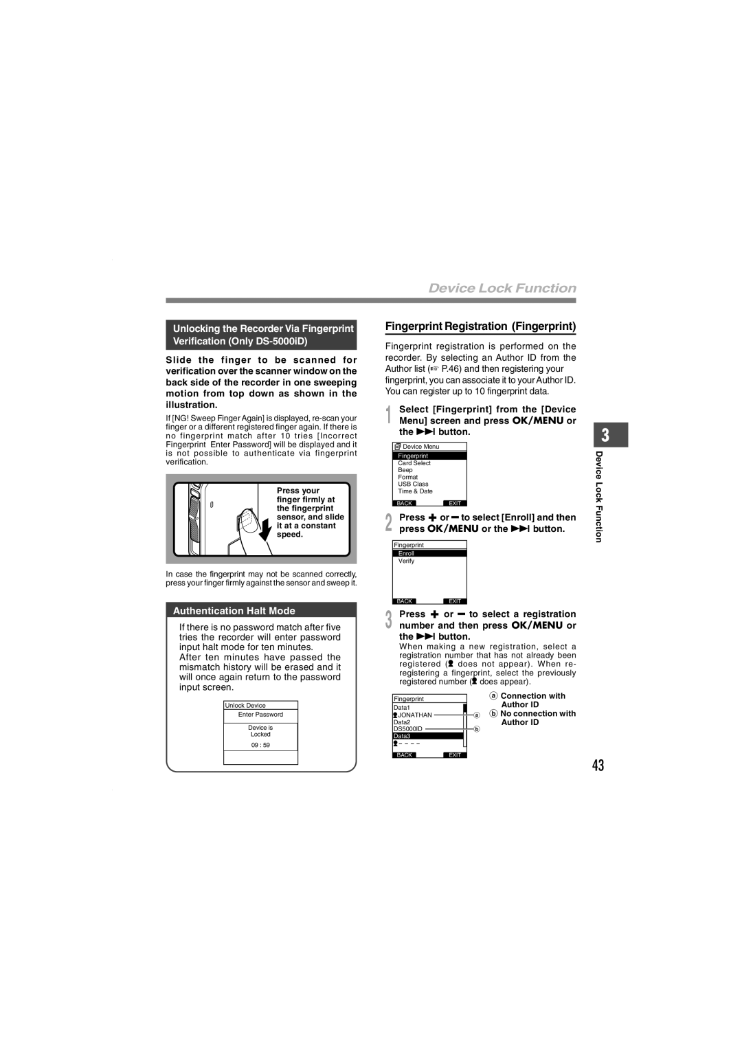 Olympus DS-5000iD manual Device Lock Function, Fingerprint Registration Fingerprint, Authentication Halt Mode 