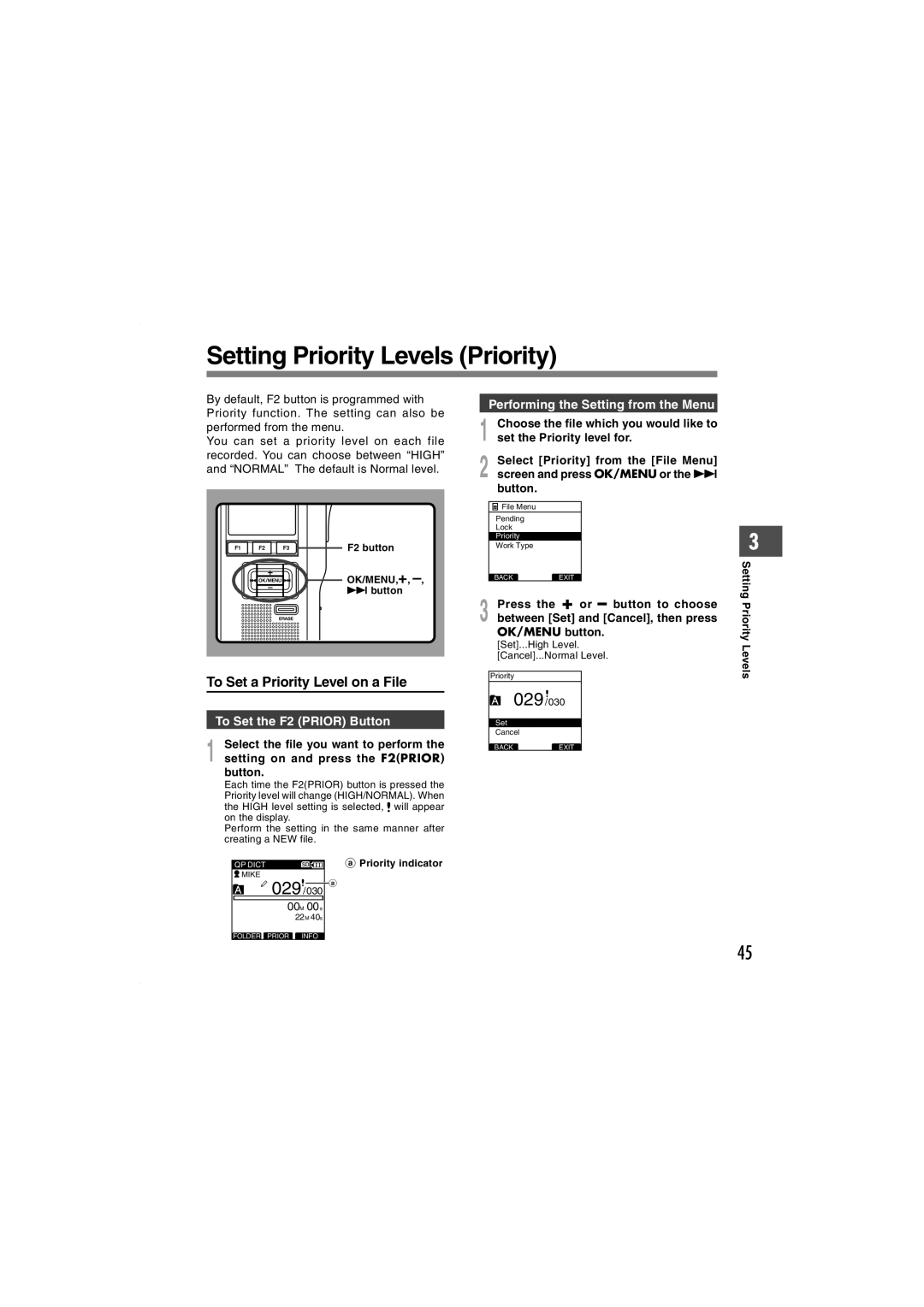 Olympus DS-5000iD manual Setting Priority Levels Priority, To Set a Priority Level on a File, To Set the F2 Prior Button 