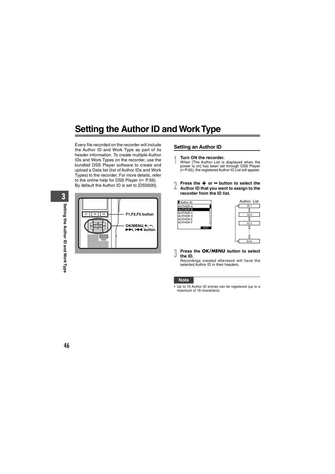 Olympus DS-5000iD manual Setting the Author ID and Work Type, Setting an Author ID, Turn on the recorder 