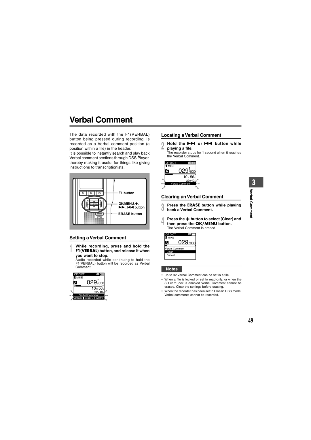 Olympus DS-5000iD manual Setting a Verbal Comment, Locating a Verbal Comment, Clearing an Verbal Comment 