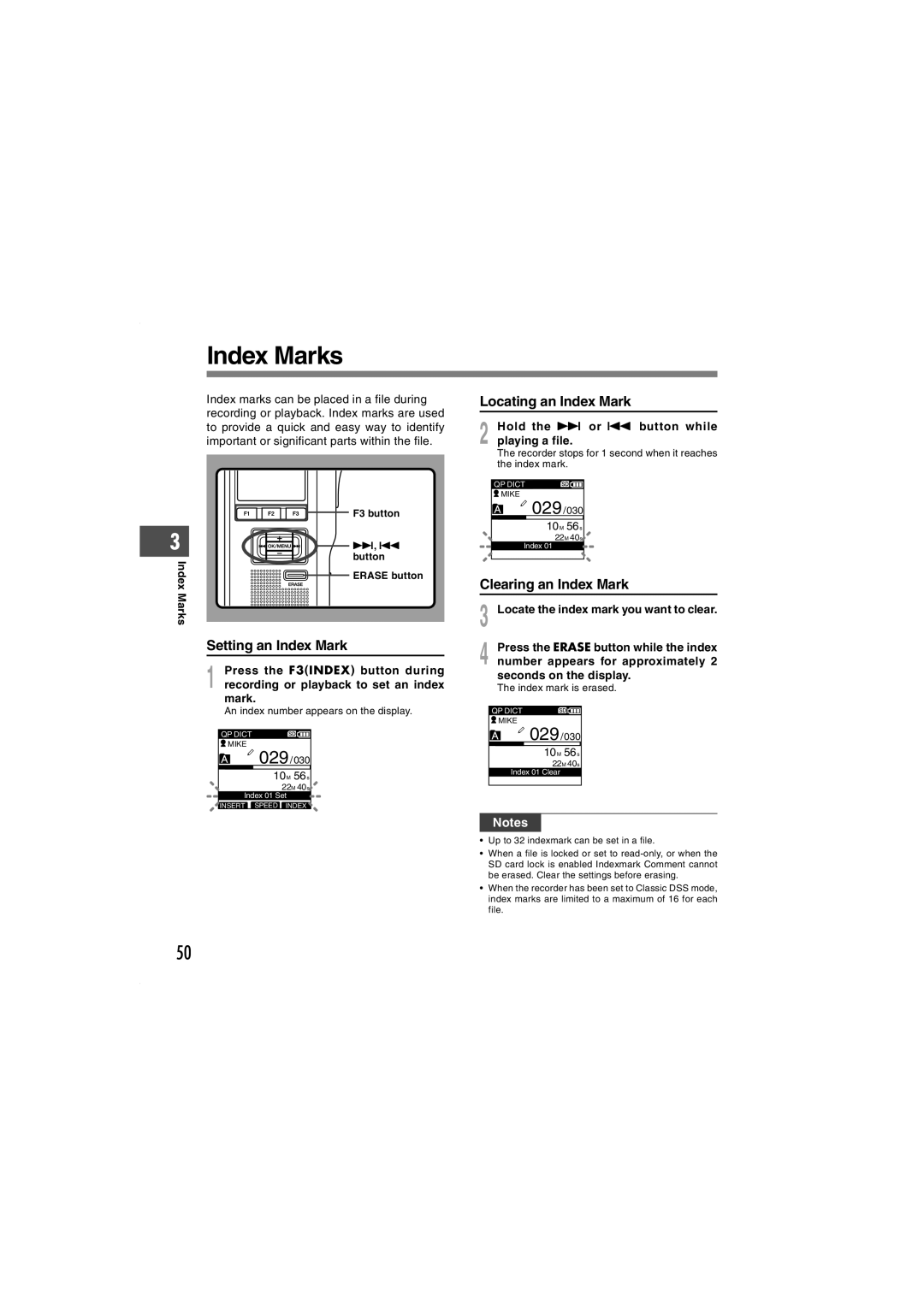 Olympus DS-5000iD manual Index Marks, Setting an Index Mark, Locating an Index Mark, Clearing an Index Mark 