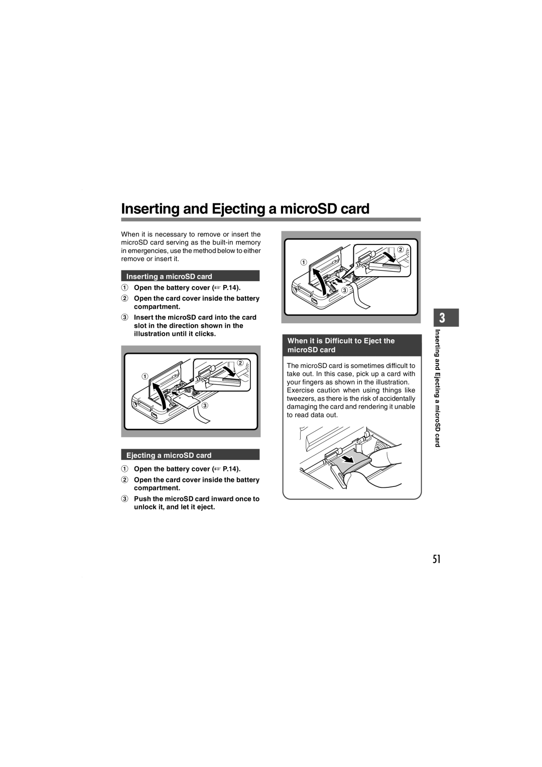 Olympus DS-5000 manual Inserting and Ejecting a microSD card, Inserting a microSD card, Inserting Ejecting a MicroSD card 