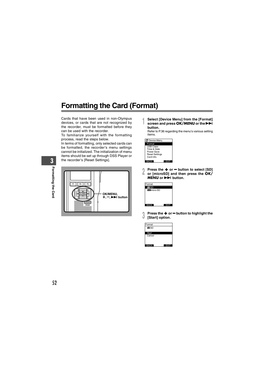 Olympus DS-5000iD manual Formatting the Card Format, Start option, Formatting Card, +, -, 9 button 