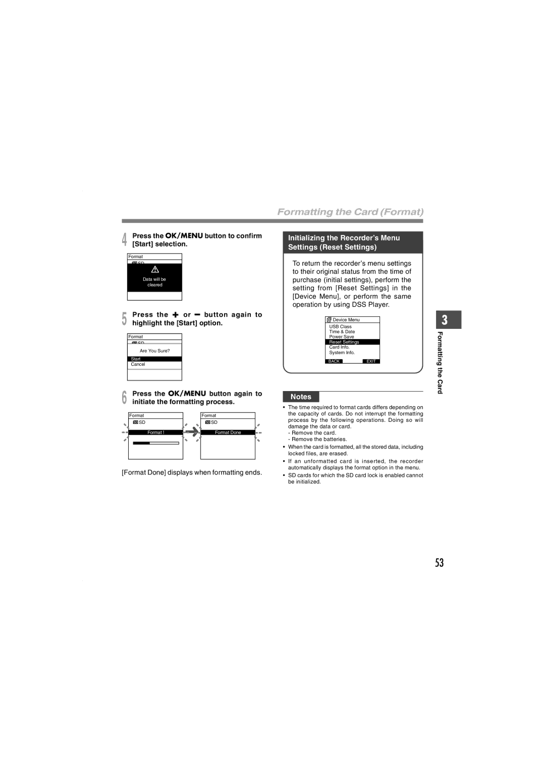 Olympus DS-5000iD manual Formatting the Card Format, Initializing the Recorder’s Menu Settings Reset Settings 