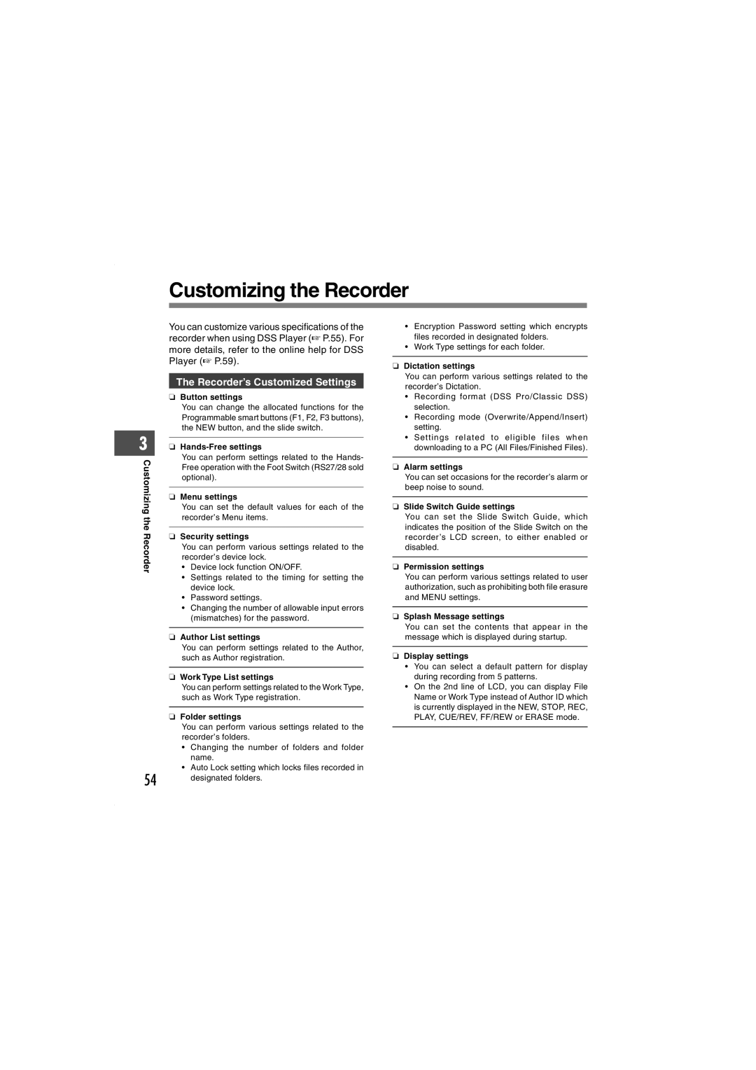 Olympus DS-5000iD manual Customizing the Recorder, Recorder’s Customized Settings 