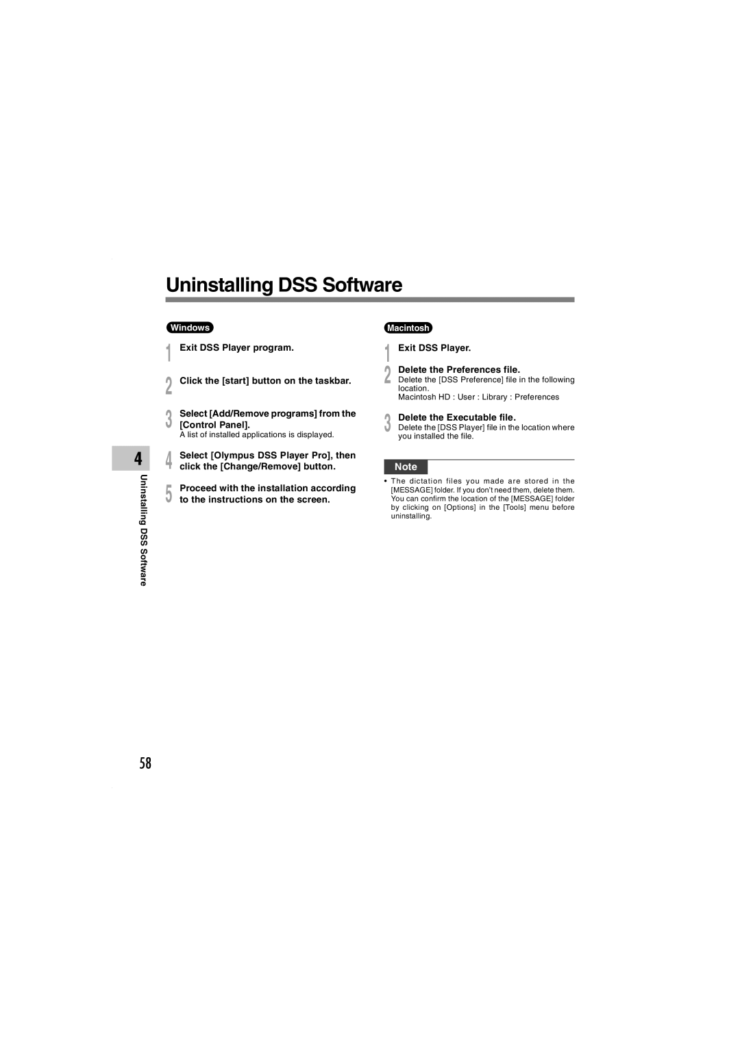 Olympus DS-5000iD manual Uninstalling DSS Software, To the instructions on the screen, Location 