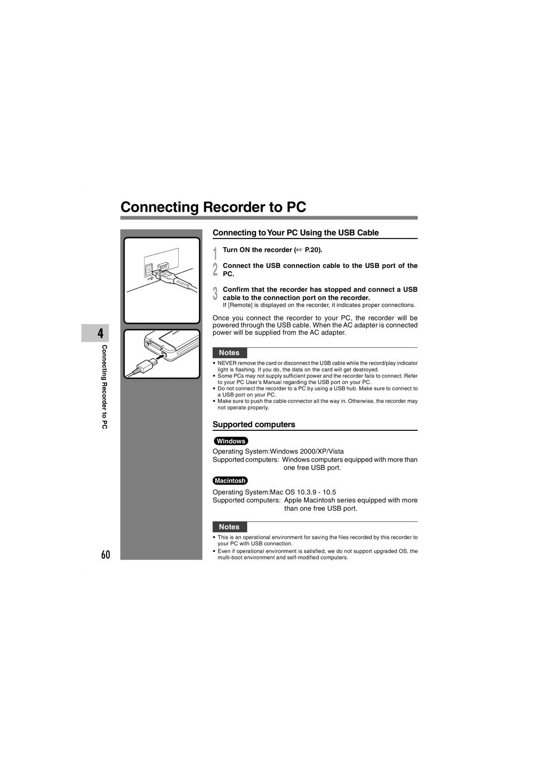 Olympus DS-5000iD manual Connecting Recorder to PC, Connecting to Your PC Using the USB Cable, Supported computers 