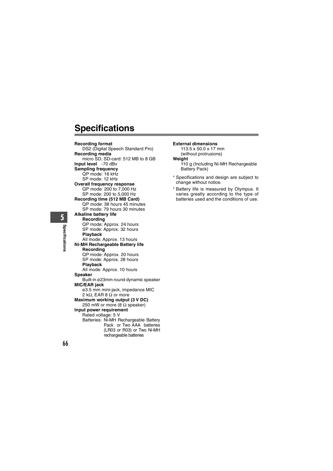 Olympus DS-5000iD manual Specifications 