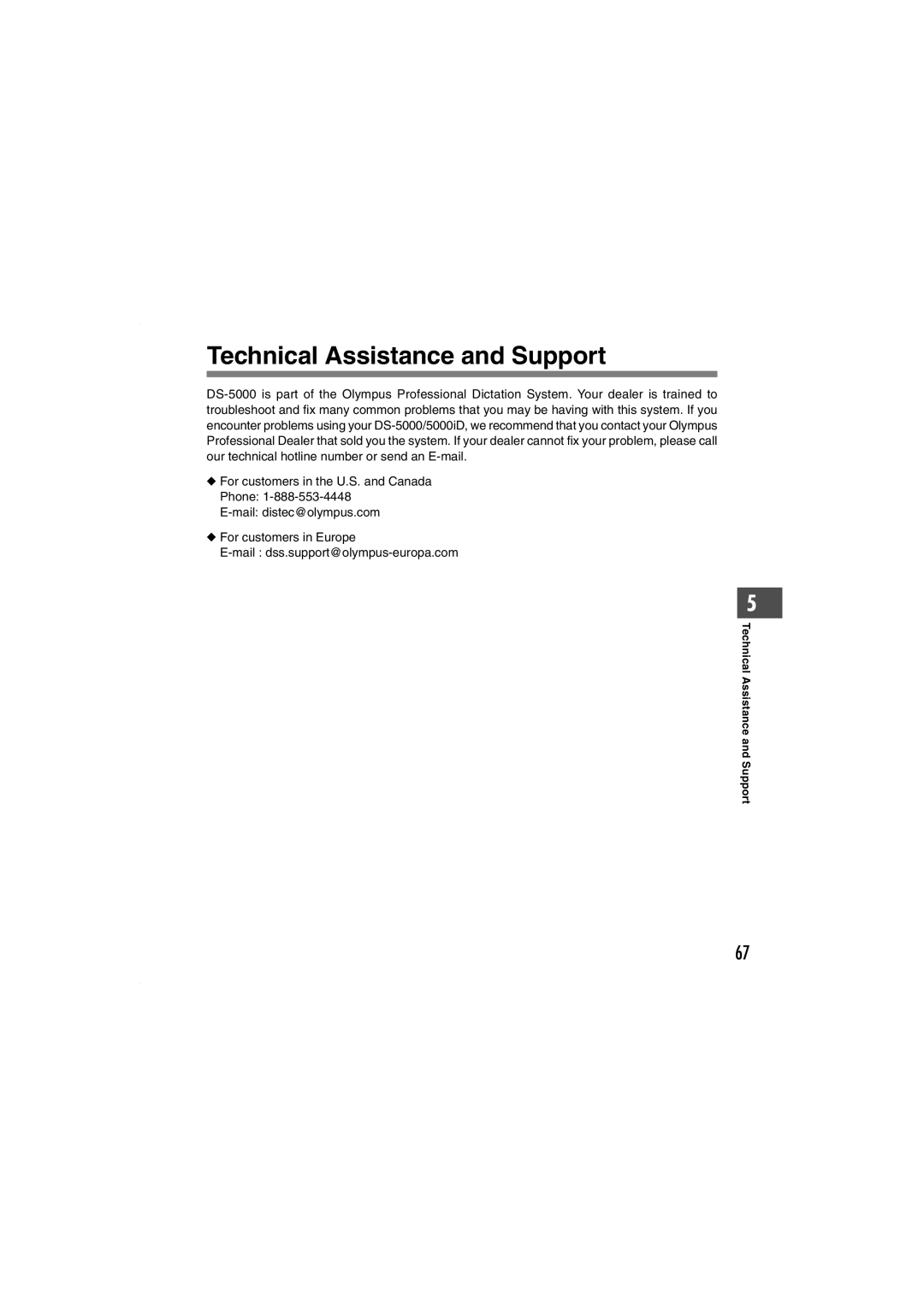 Olympus DS-5000iD manual Technical Assistance and Support, Technical Assistance Suppor t 