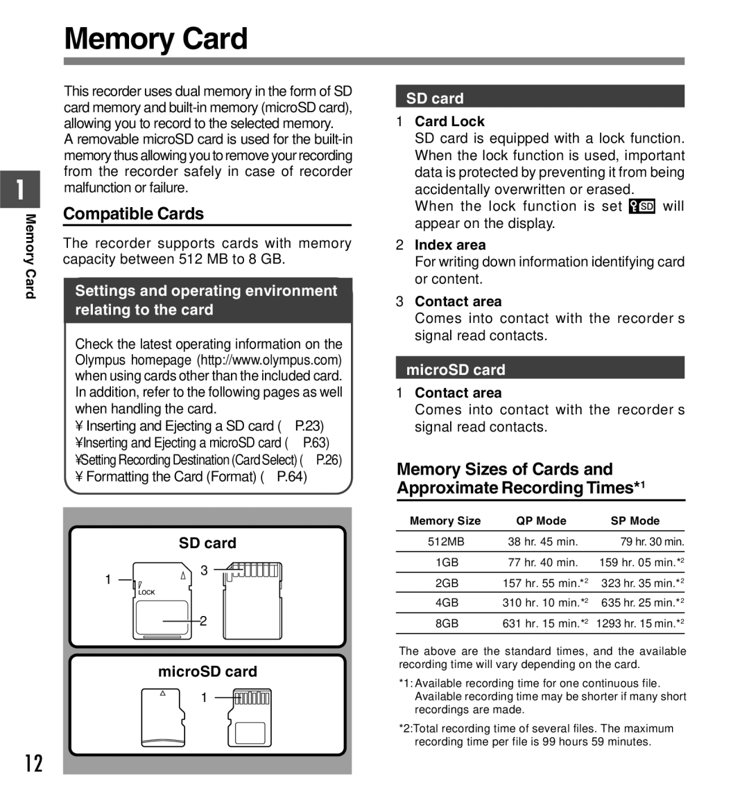 Olympus DS-5000iD manual Memory Card, Compatible Cards, Memory Sizes of Cards and Approximate Recording Times*1 