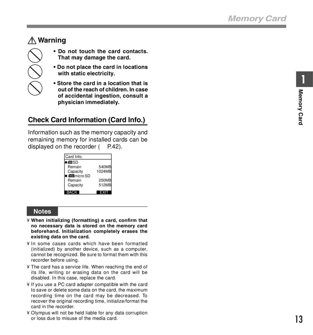 Olympus DS-5000iD manual Memory Card, Check Card Information Card Info 