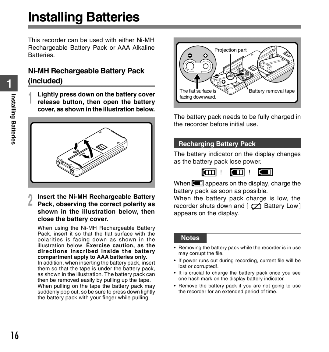 Olympus DS-5000iD manual Installing Batteries, Ni-MH Rechargeable Battery Pack included, Recharging Battery Pack 