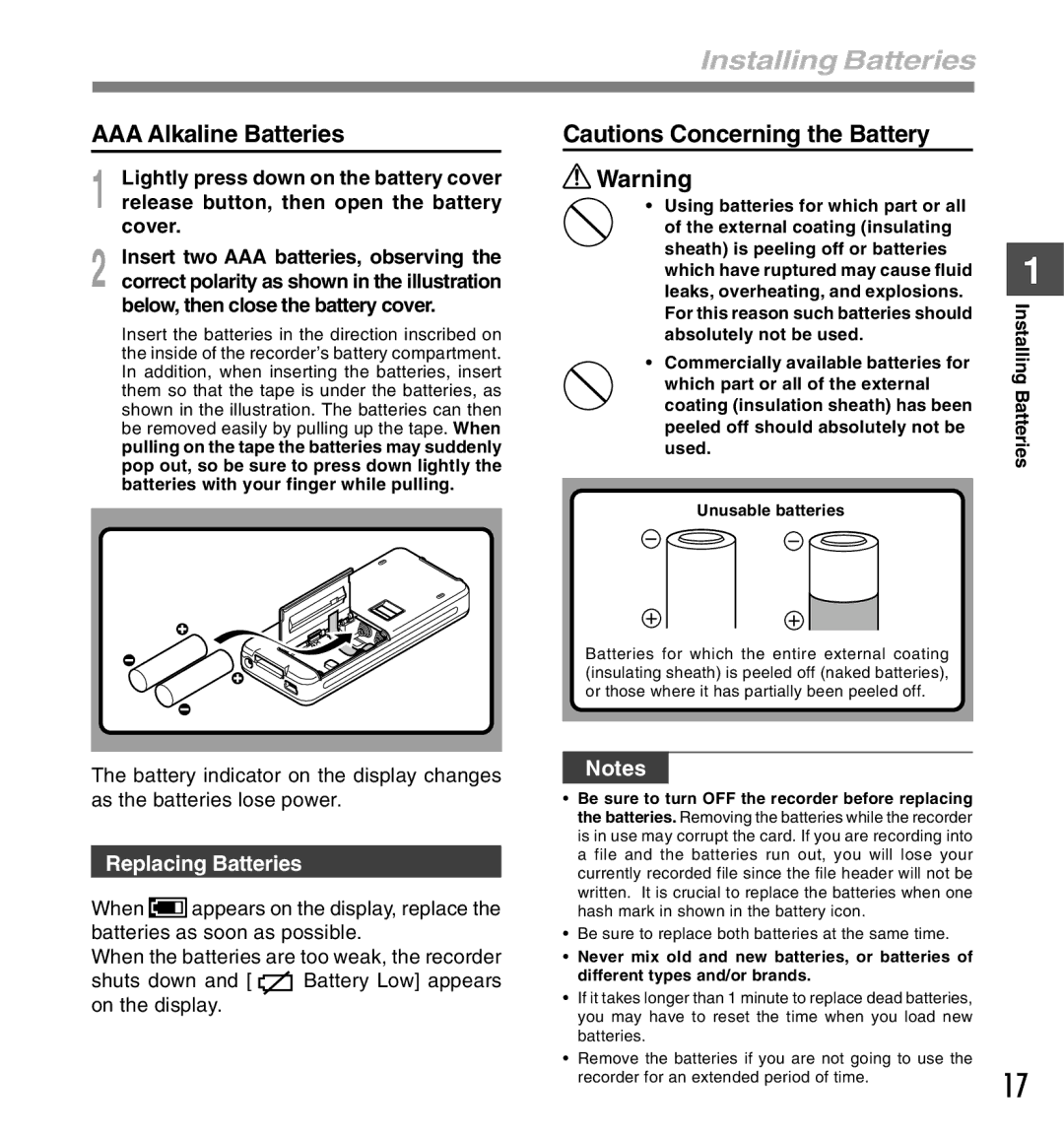 Olympus DS-5000iD manual Installing Batteries, AAA Alkaline Batteries, Replacing Batteries, Cover 