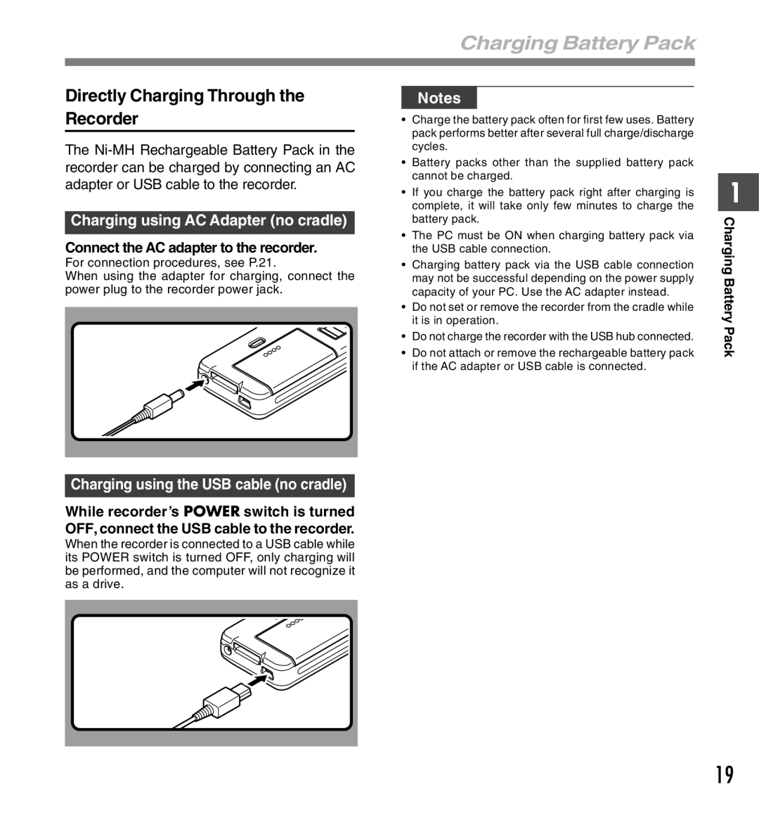 Olympus DS-5000 manual Charging Battery Pack, Directly Charging Through the Recorder, Charging using AC Adapter no cradle 