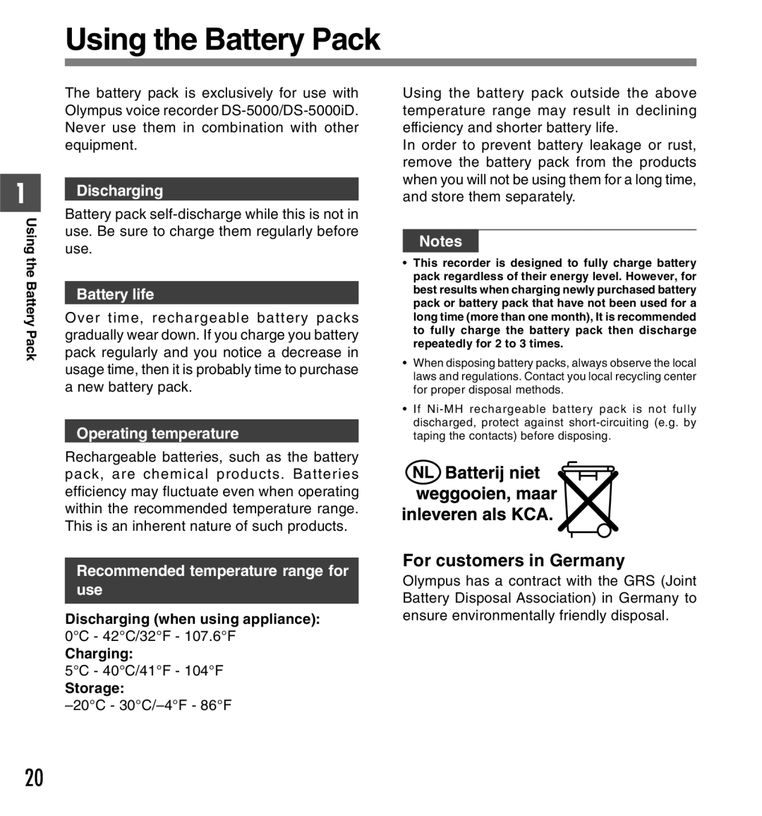 Olympus DS-5000iD manual Using the Battery Pack, For customers in Germany 