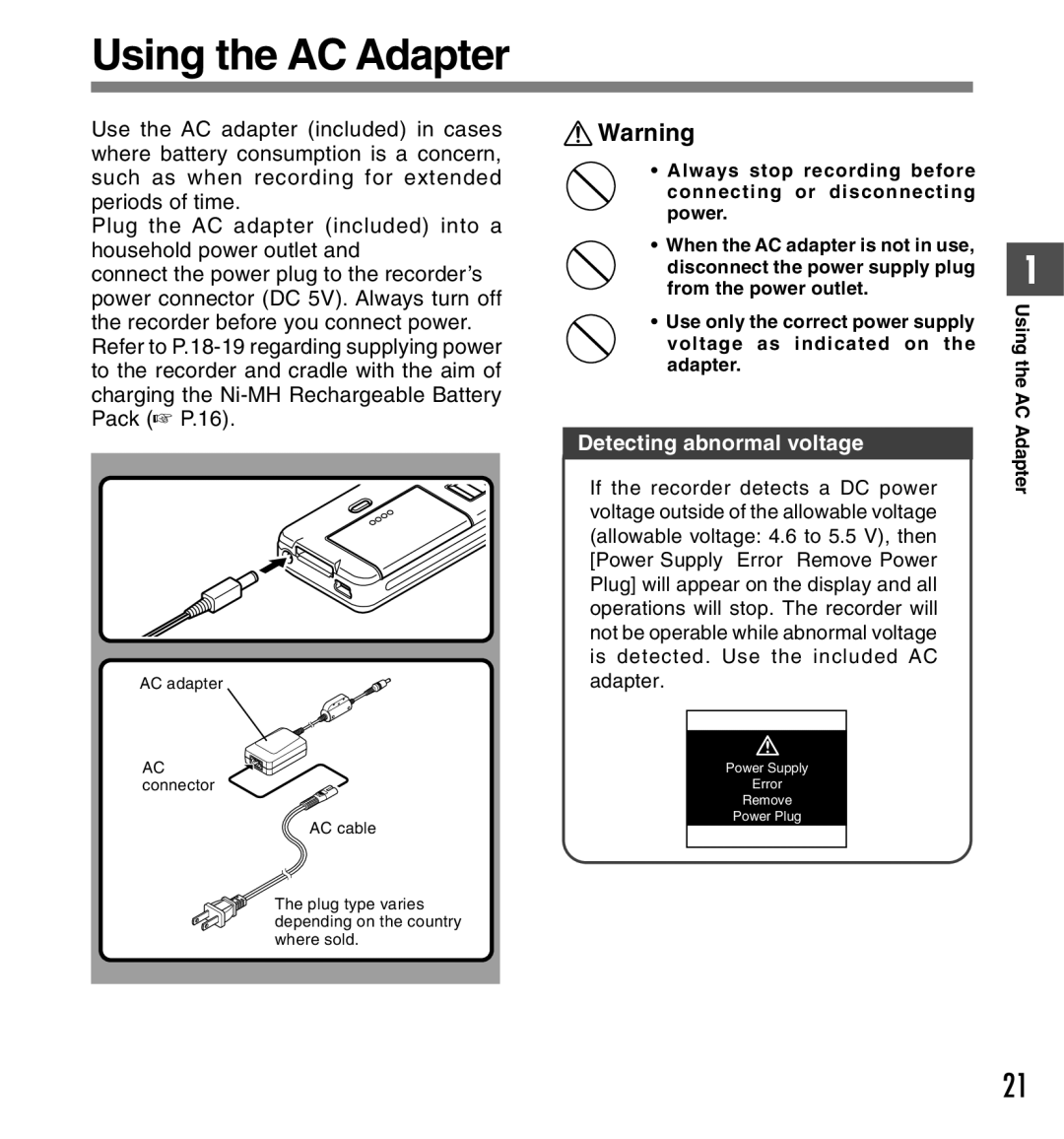 Olympus DS-5000iD manual Using the AC Adapter, Detecting abnormal voltage 