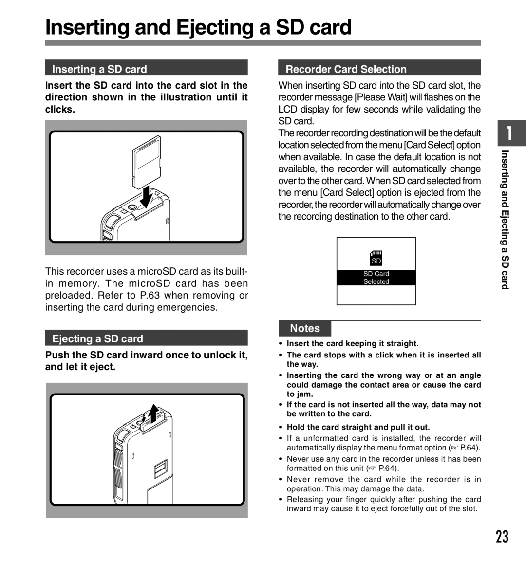 Olympus DS-5000iD manual Inserting and Ejecting a SD card, Inserting a SD card 