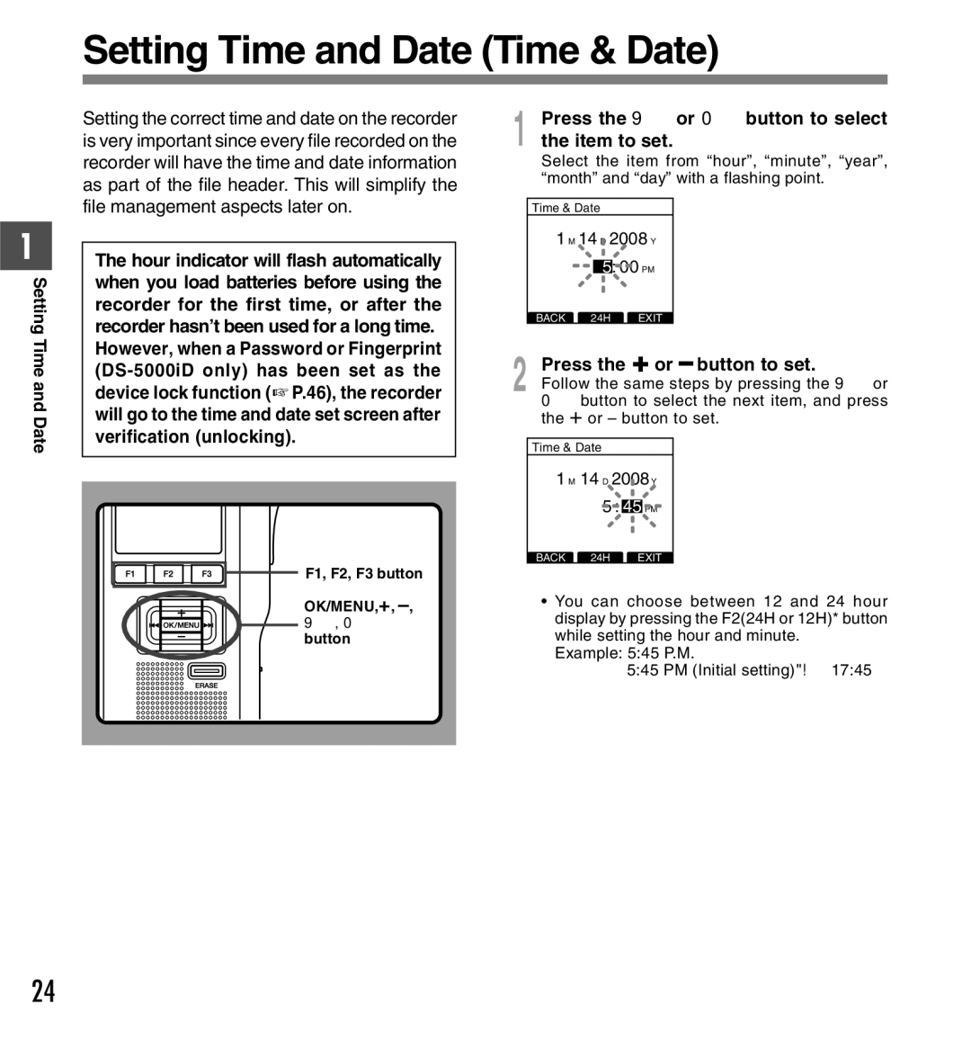 Olympus DS-5000iD manual Setting Time and Date Time & Date, Press the 9 or 0 button to select the item to set 