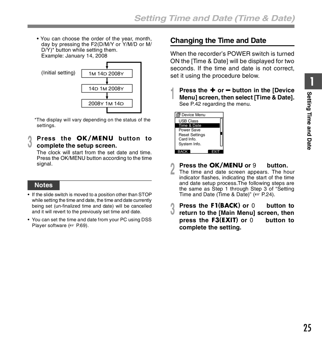 Olympus DS-5000iD manual Setting Time and Date Time & Date, Changing the Time and Date, Set it using the procedure below 