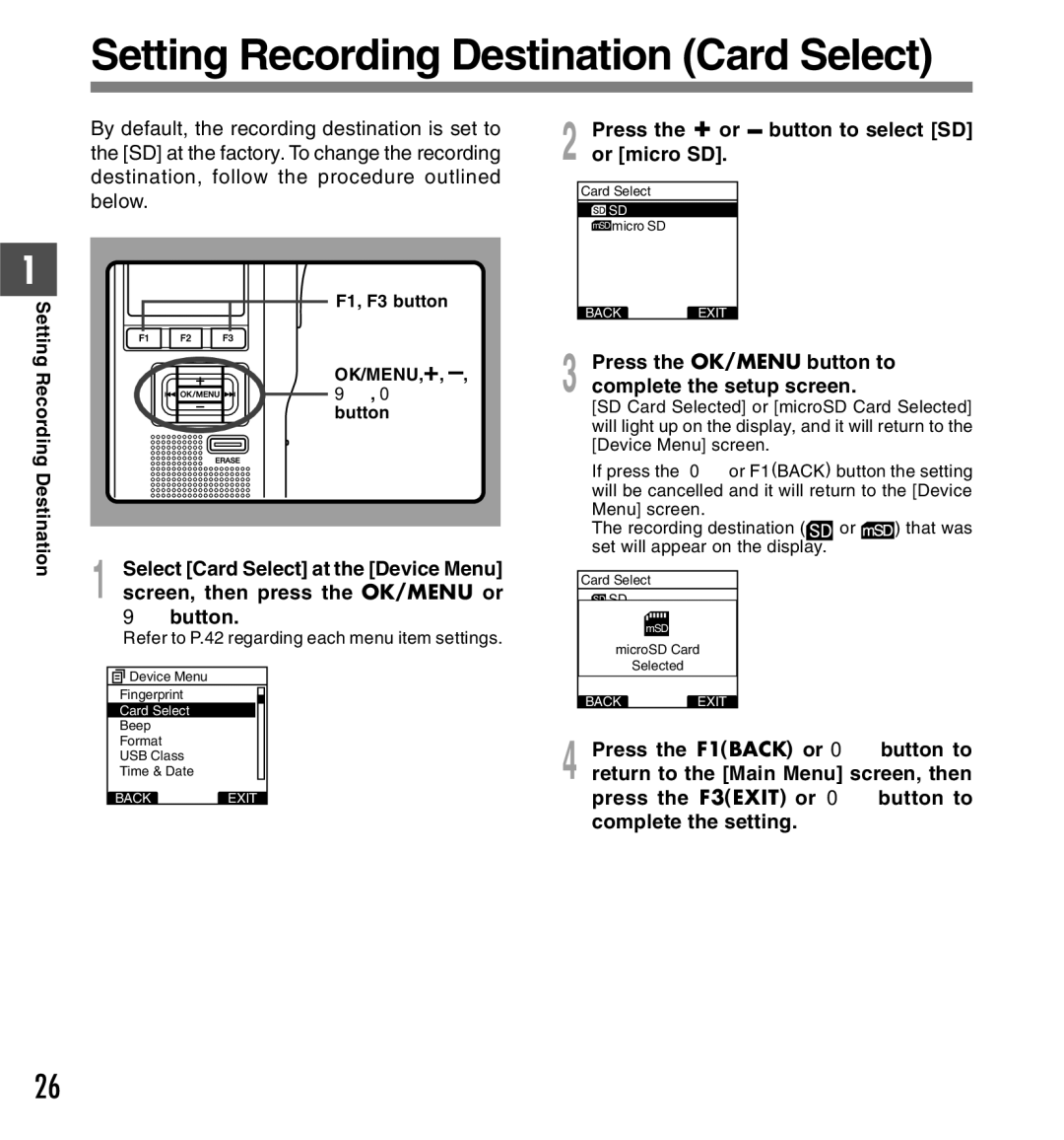 Olympus DS-5000iD manual Setting Recording Destination Card Select, Press the + or button to select SD or micro SD, Button 