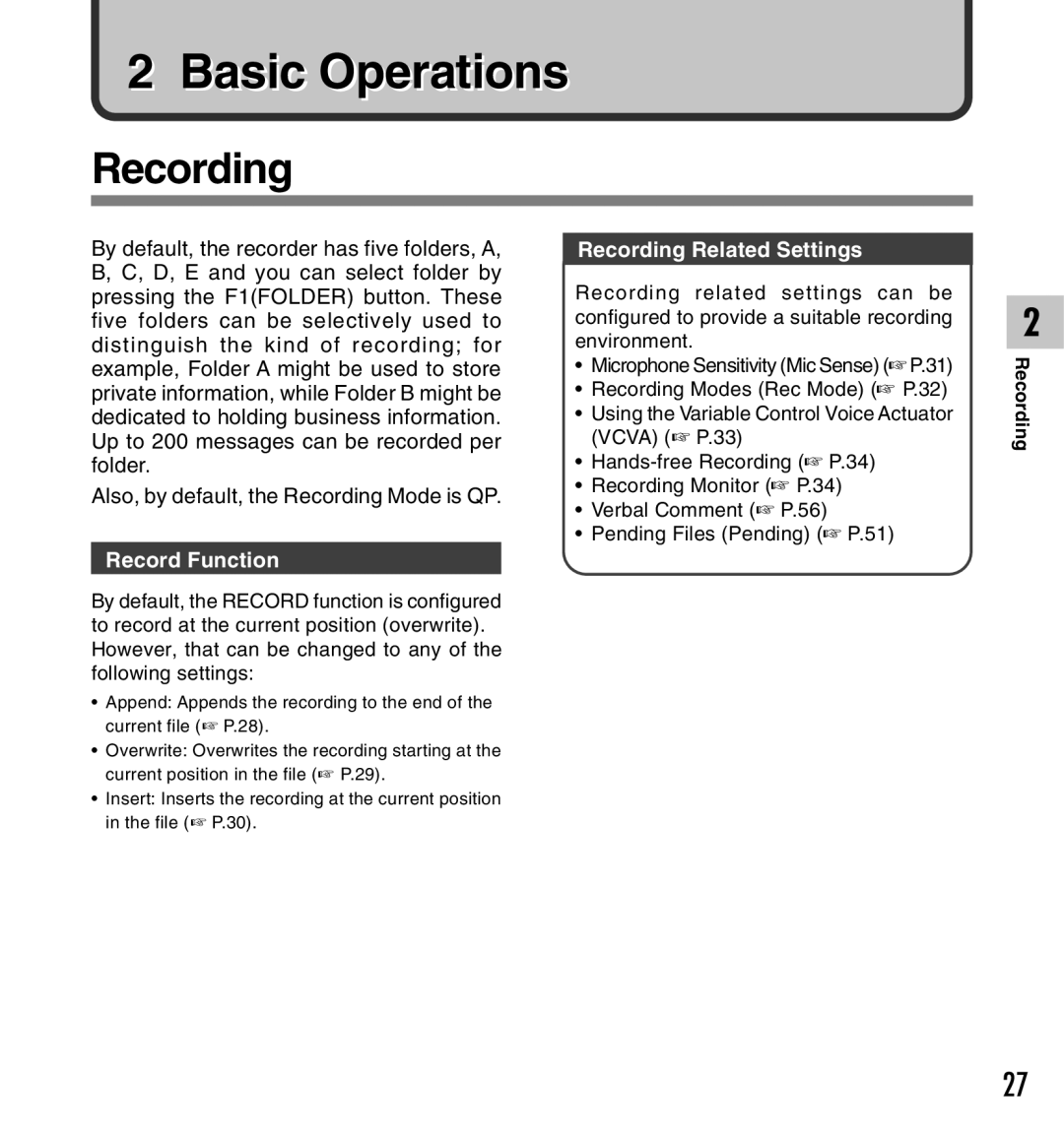 Olympus DS-5000iD manual Recording Related Settings, Record Function 