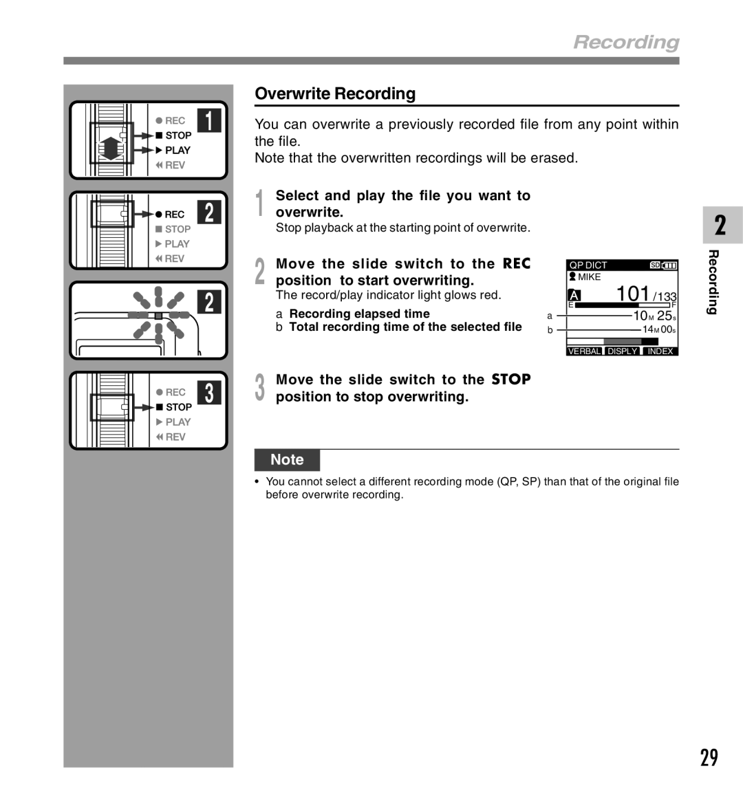 Olympus DS-5000 Overwrite Recording, Select and play the file you want to overwrite, 10M 25s, Position to stop overwriting 