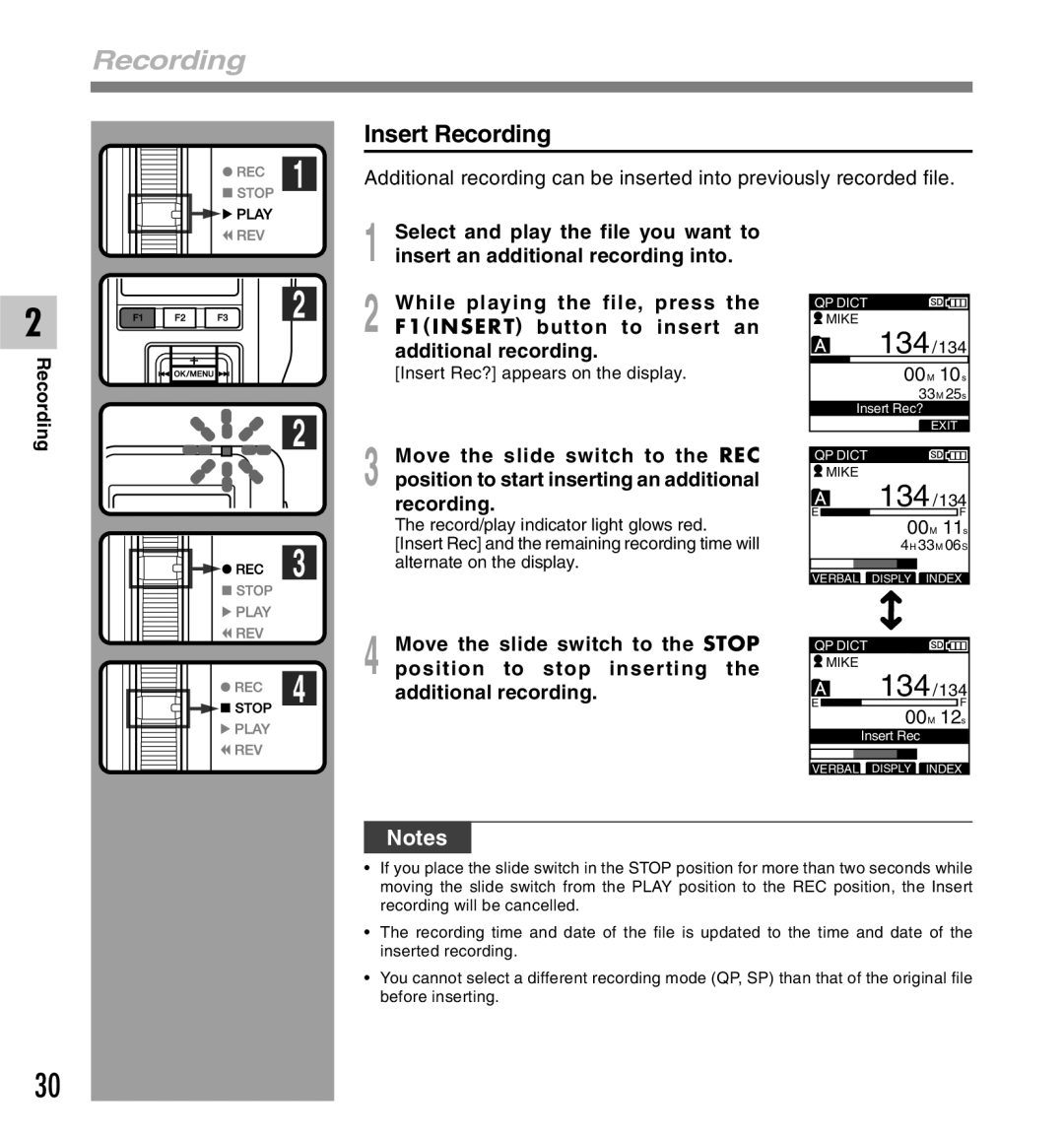 Olympus DS-5000iD manual Insert Recording, 00H 00M 10s, 00M 11s, 00M 12s 