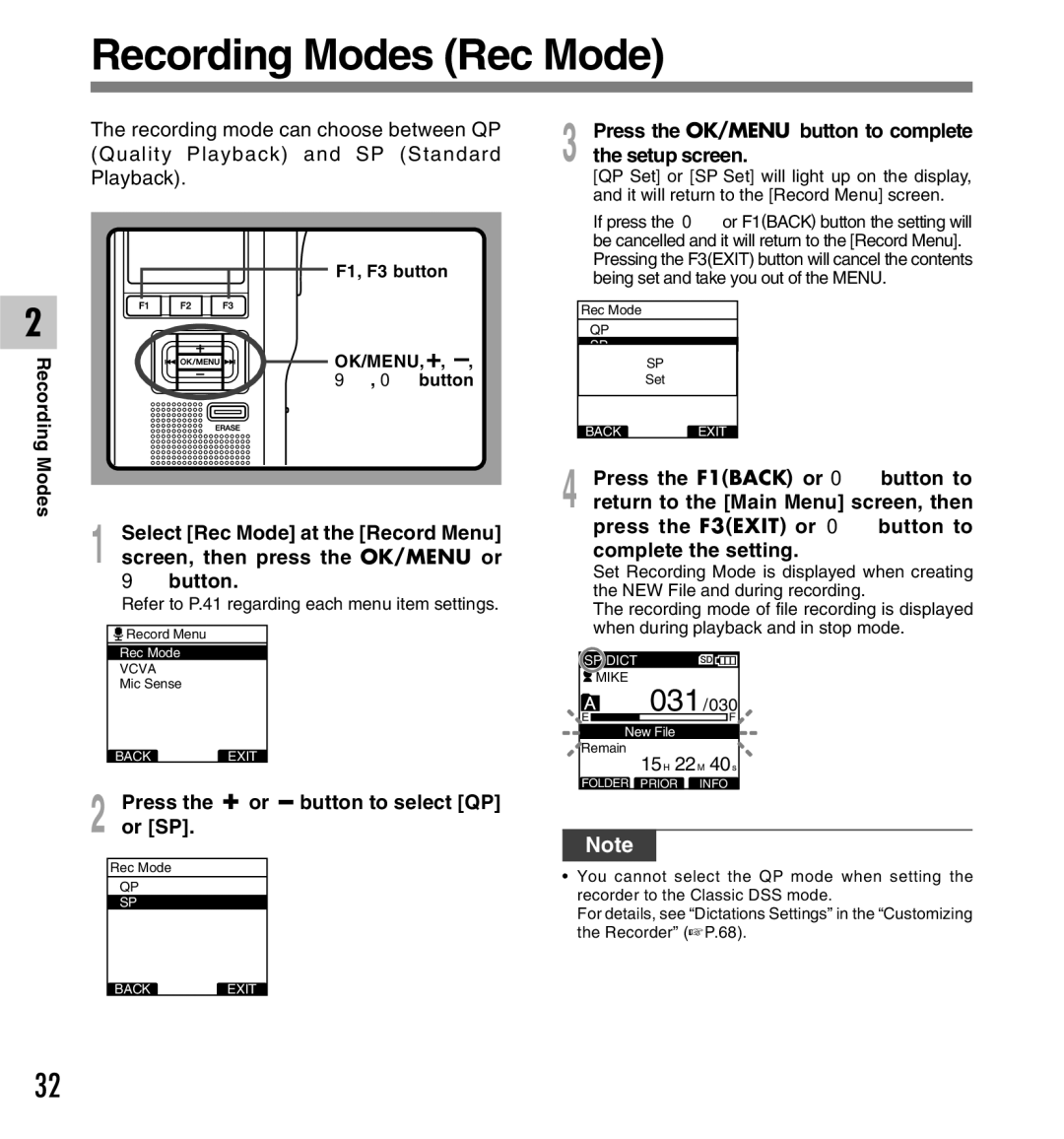 Olympus DS-5000iD manual Recording Modes Rec Mode, Press the + or button to select QP, Or SP, 15H 22M 40s 