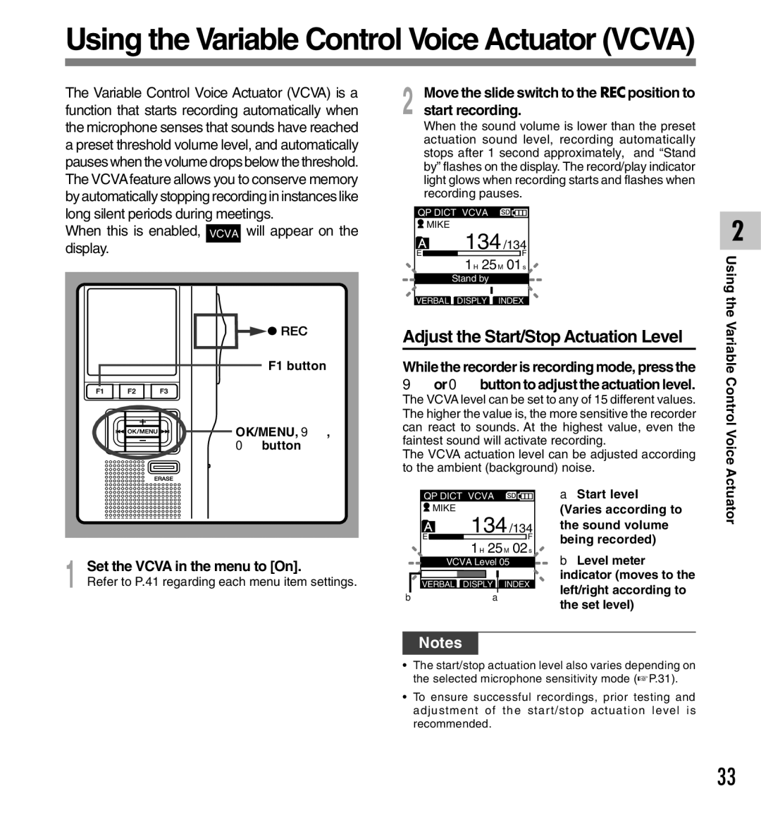 Olympus DS-5000iD manual Adjust the Start/Stop Actuation Level, When this is enabled, Vcva will appear on the display 