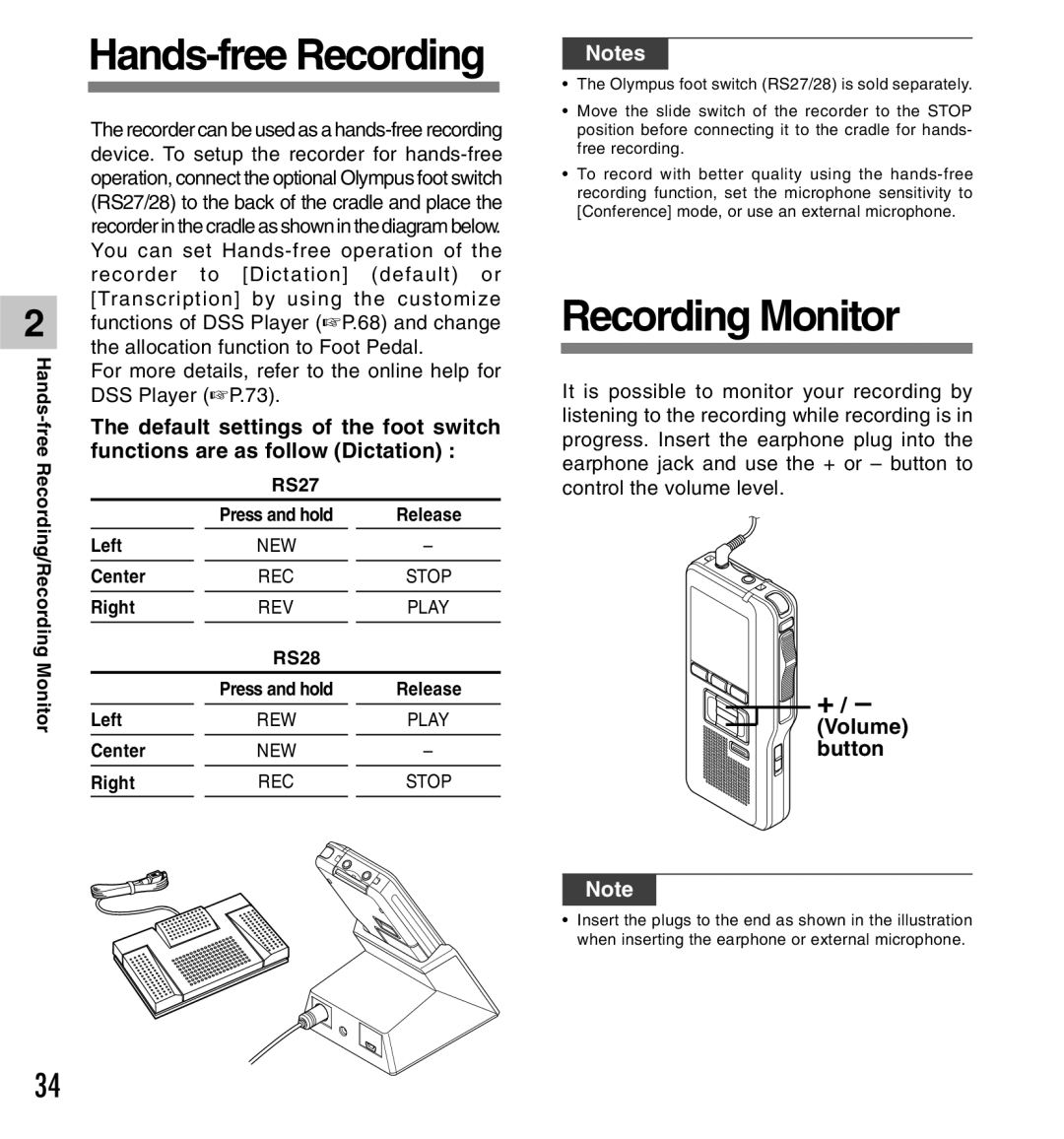 Olympus DS-5000iD manual Hands-free Recording, Recording Monitor 