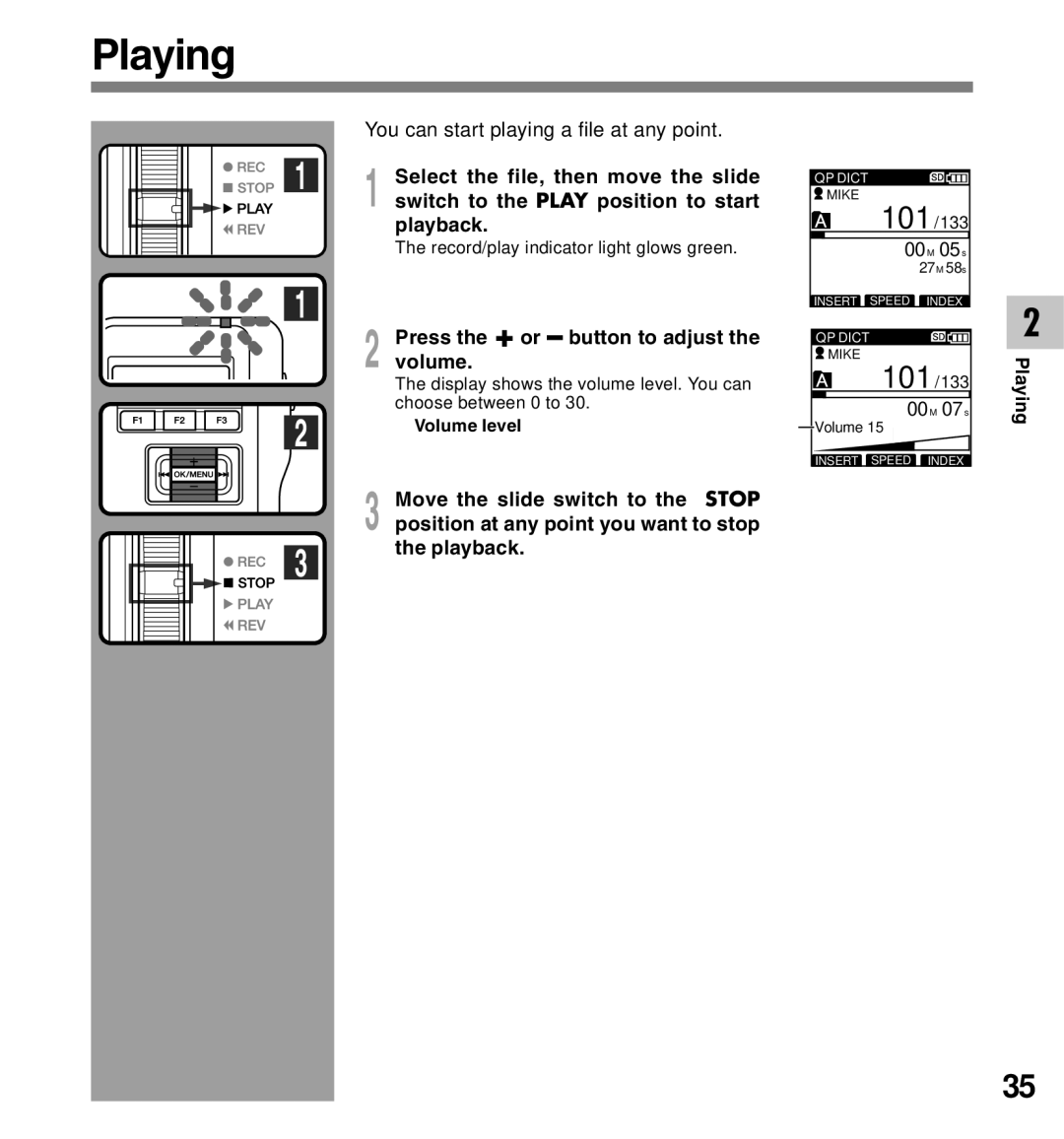 Olympus DS-5000iD manual Playing 