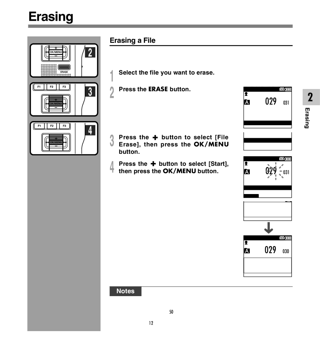 Olympus DS-5000iD manual Erasing a File, Press the + button to select File, Erase, then press the OK/MENU 