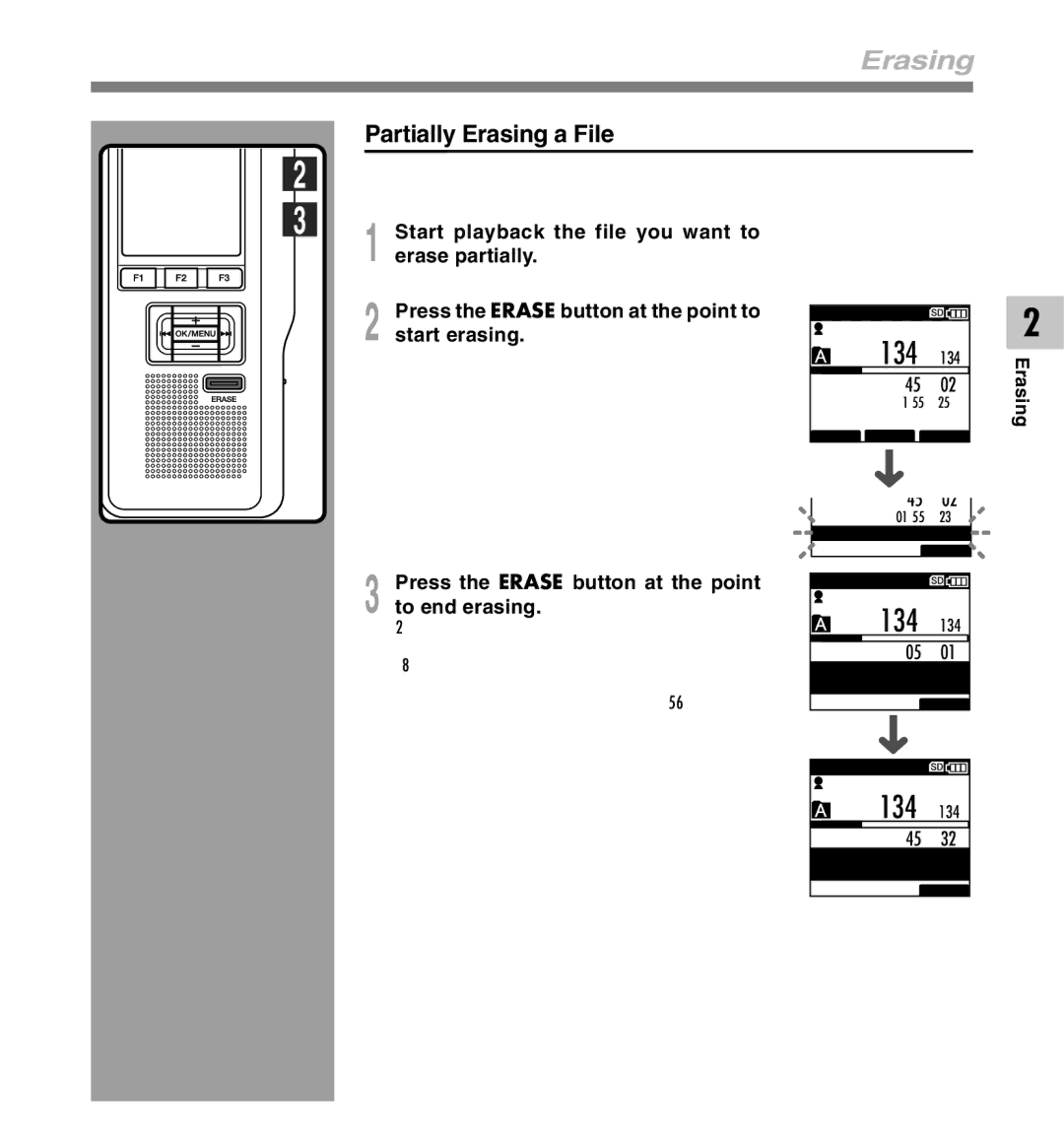 Olympus DS-5000iD manual Partially Erasing a File, Start playback the file you want to, Erase partially, Start erasing 