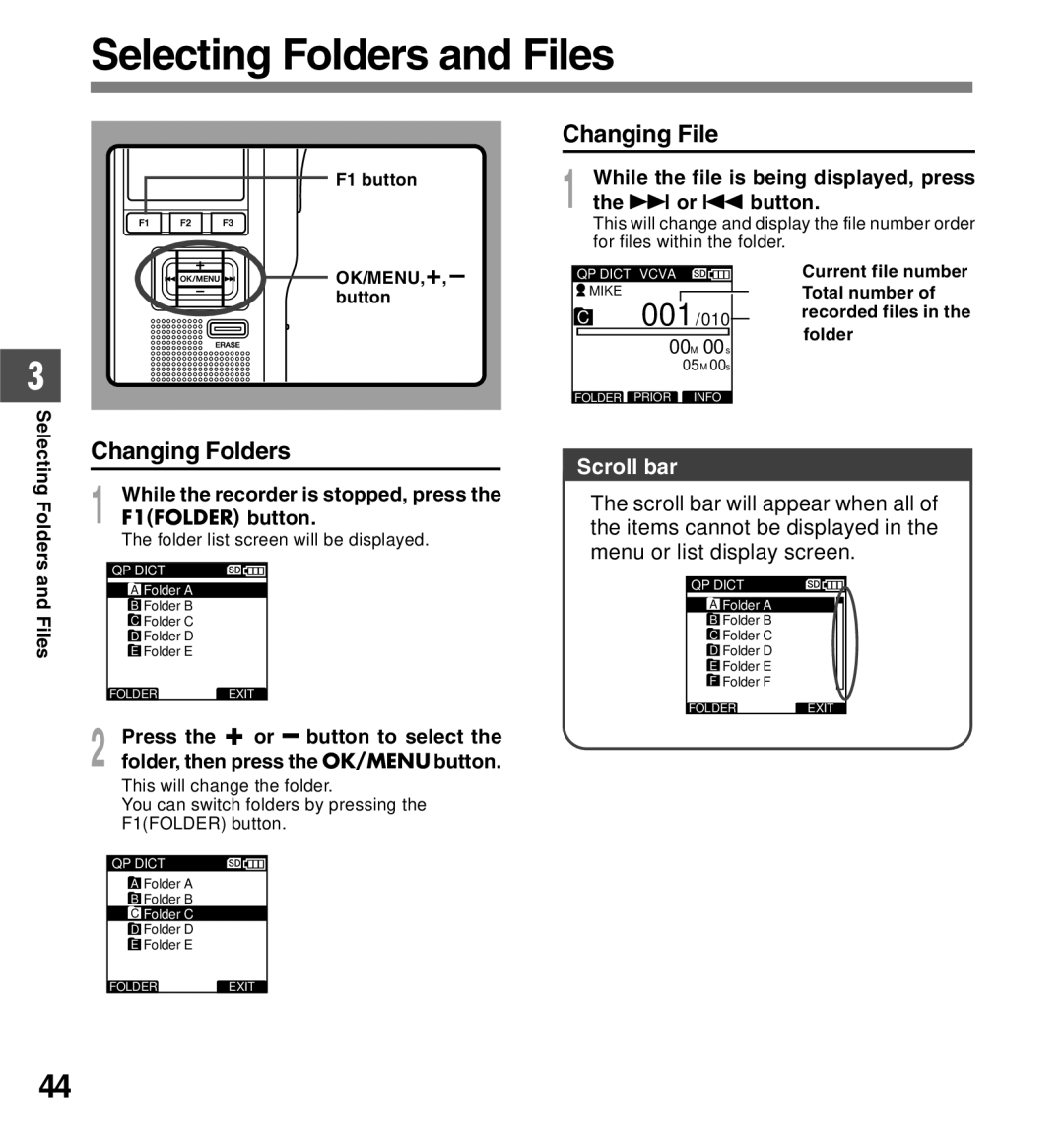 Olympus DS-5000iD manual Selecting Folders and Files, Changing File, Changing Folders, Scroll bar 