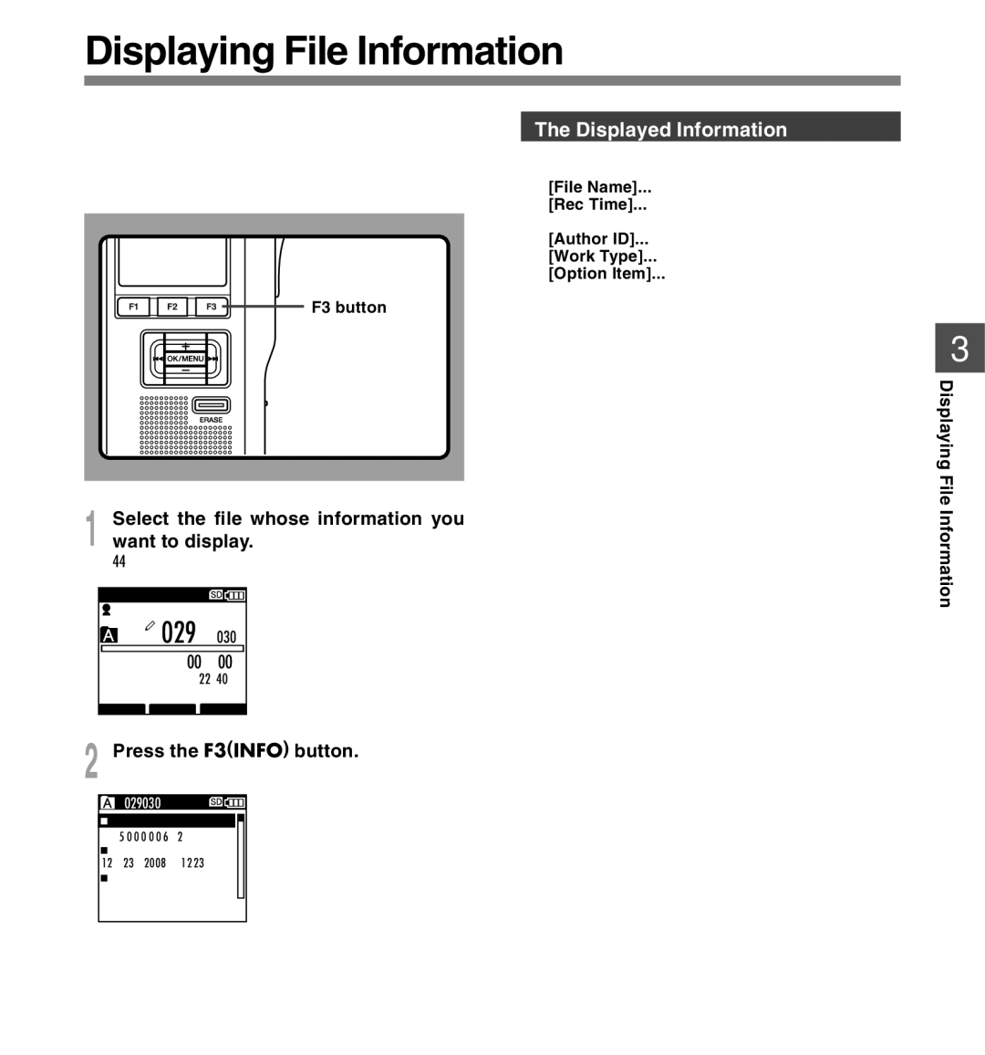 Olympus DS-5000 Displaying File Information, Displayed Information, Select the file whose information you want to display 