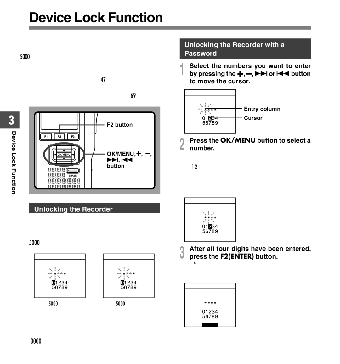 Olympus DS-5000iD manual Device Lock Function, Unlocking the Recorder with a Password, Press the OK/MENU button to select a 