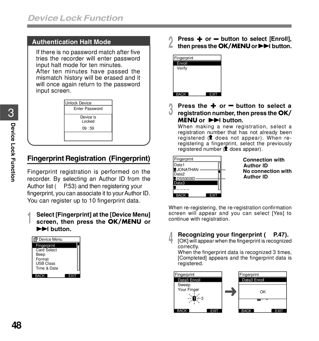 Olympus DS-5000iD manual Fingerprint Registration Fingerprint, Authentication Halt Mode, Press + or button to select Enroll 