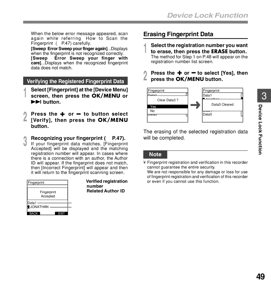 Olympus DS-5000 manual Erasing Fingerprint Data, Verifying the Registered Fingerprint Data, Press the + or to button select 