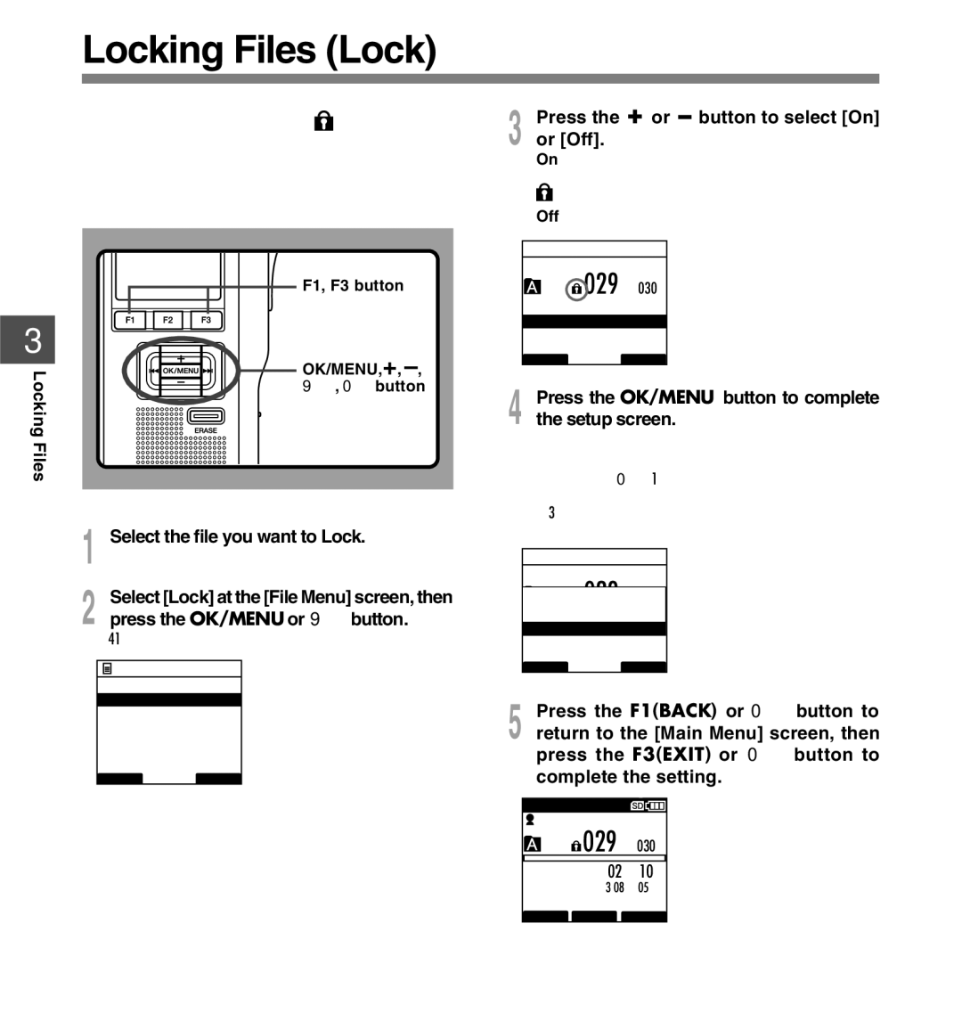 Olympus DS-5000iD manual Locking Files Lock, Select the file you want to Lock, Press the OK/MENU or 9button 