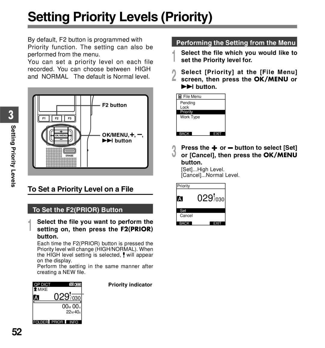 Olympus DS-5000iD manual Setting Priority Levels Priority, To Set a Priority Level on a File, To Set the F2PRIOR Button 