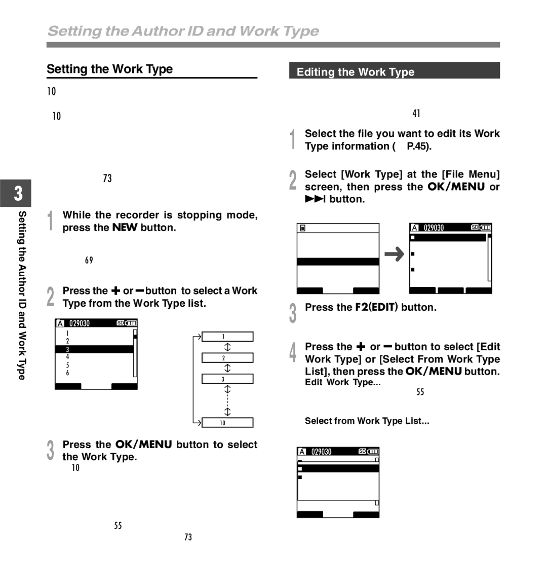 Olympus DS-5000iD manual Setting the Author ID and Work Type, Editing the Work Type 