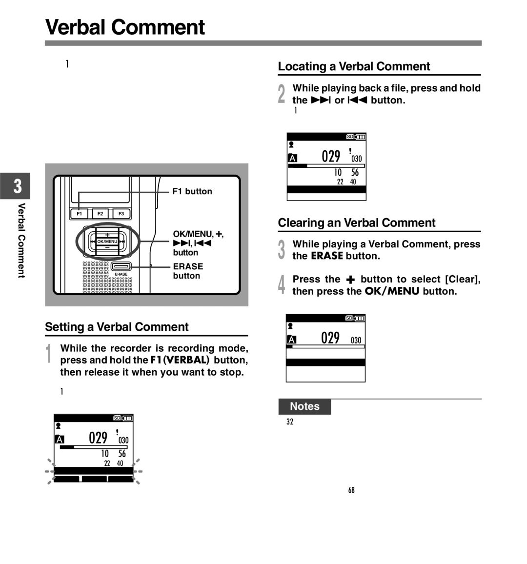 Olympus DS-5000iD manual Setting a Verbal Comment, Locating a Verbal Comment, Clearing an Verbal Comment, 9 or 0 button 